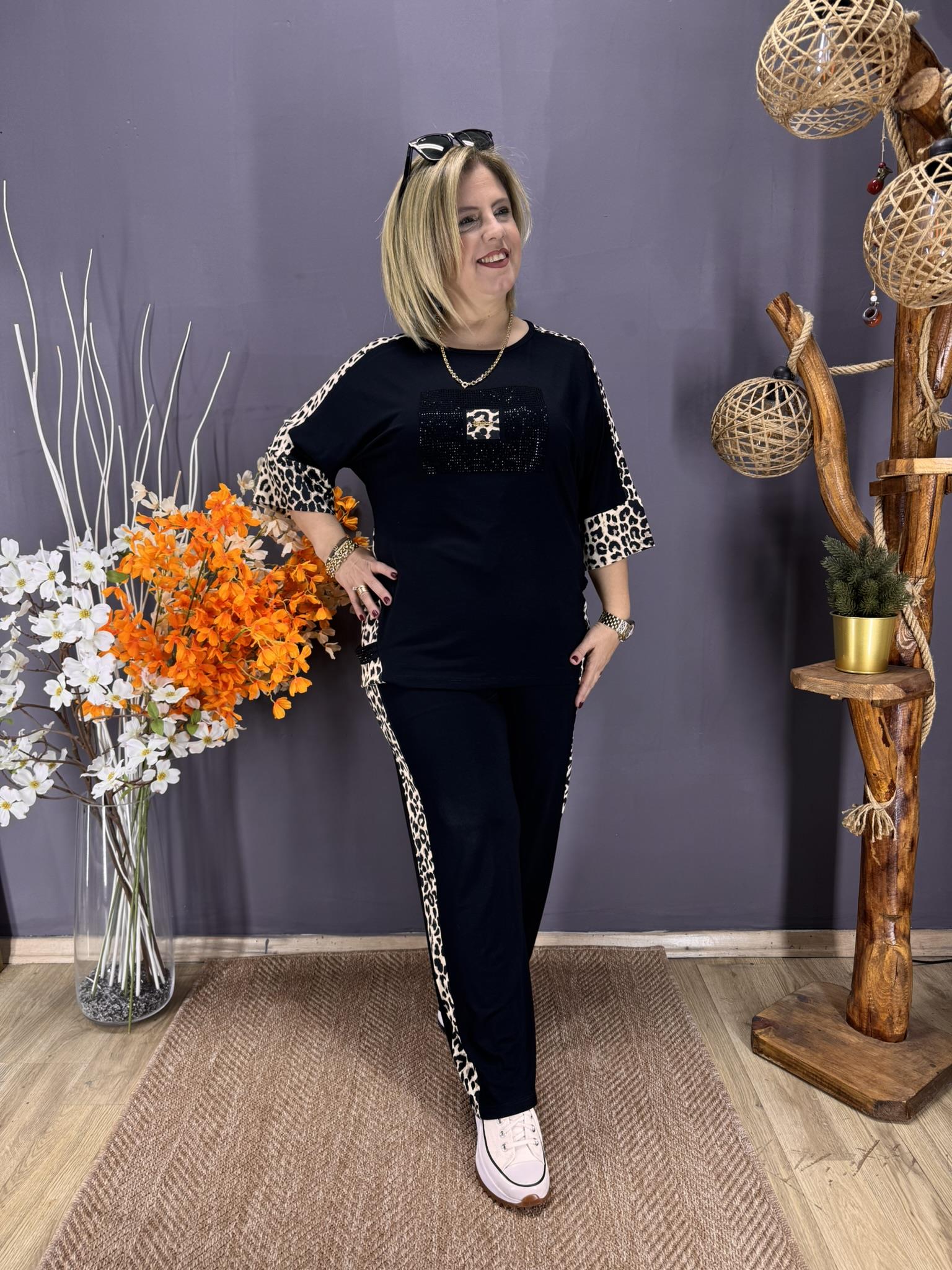 EYZ839 SİYAH LEOPAR VE ARMALI TAŞLI EŞOFMAN TAKIM