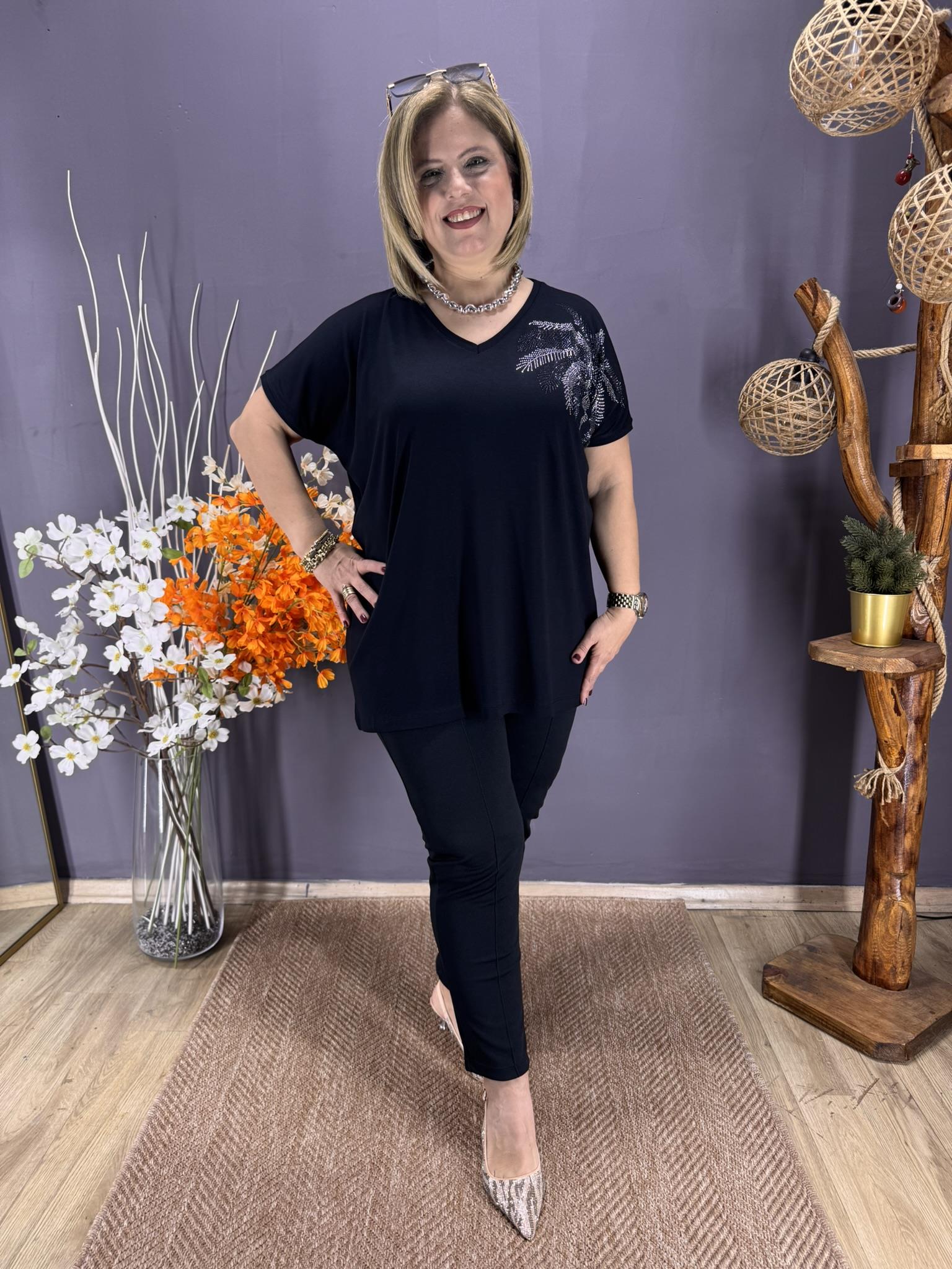 EYZ856 SİYAH PALMİYE TAŞLI PENYE BLUZ