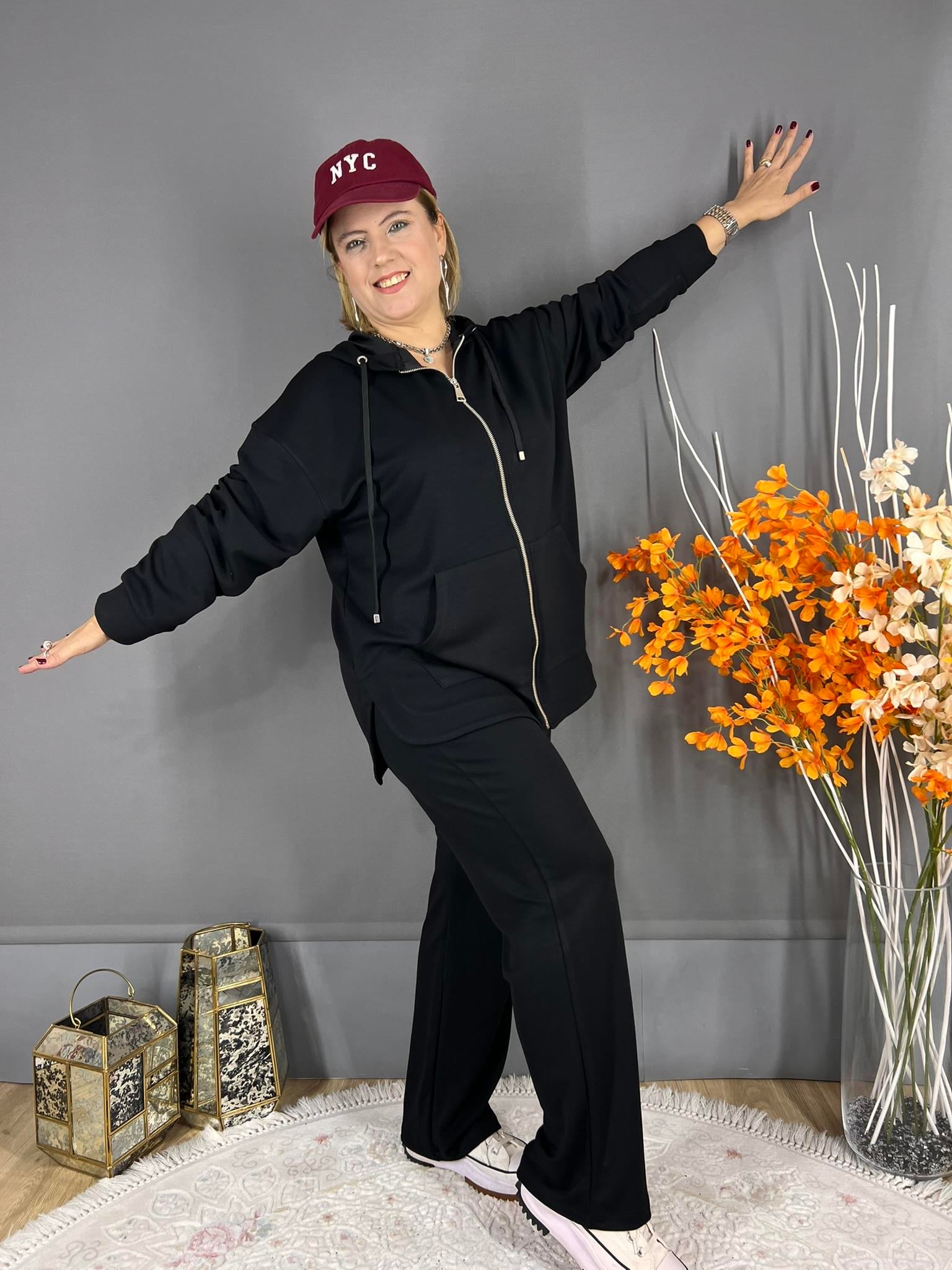 SİYAH OYSHO KUMAŞ FERMUARLI KAPŞONLU EŞOFMAN TAKIM