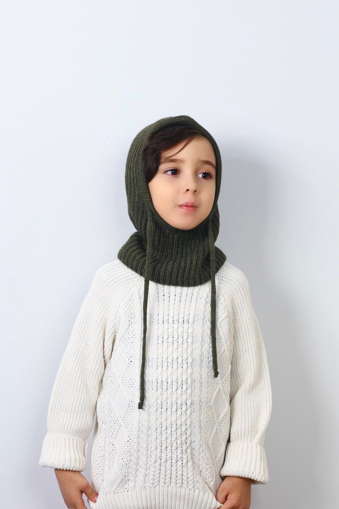 Çocuk İpli Haki Balaclava Triko Bere / Başlık