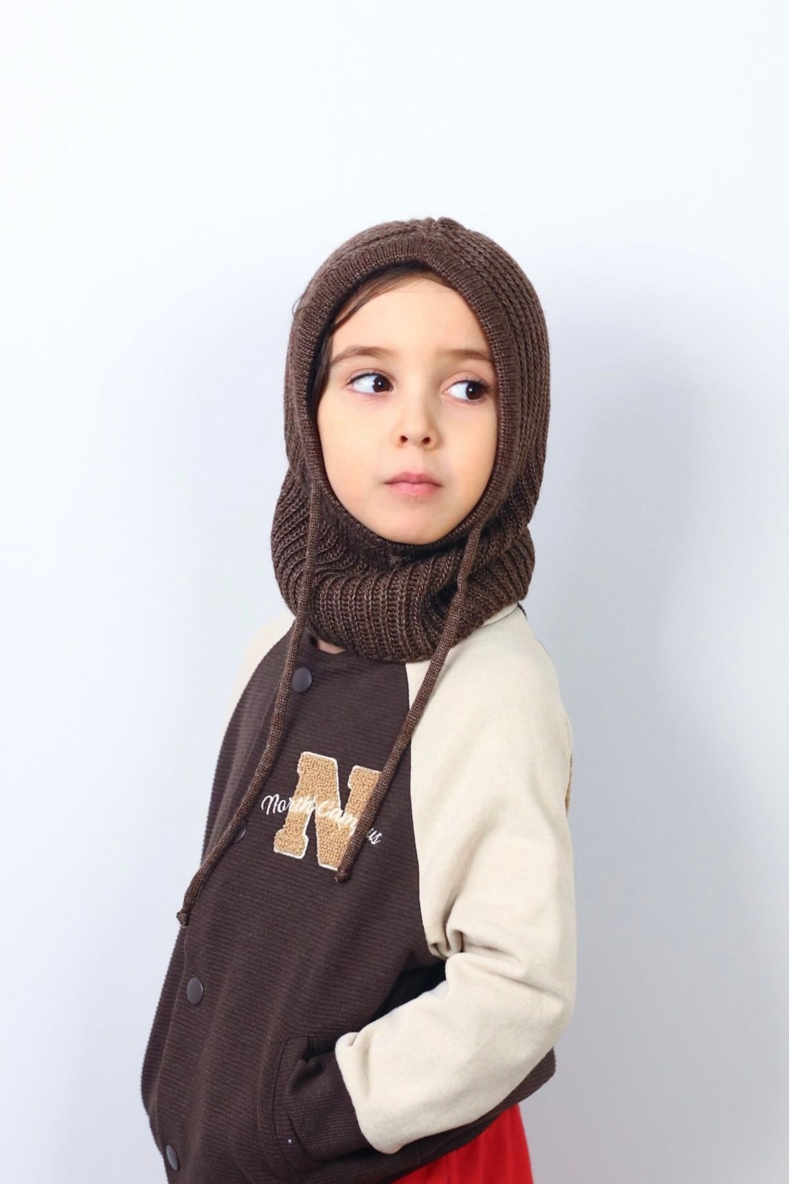 Çocuk İpli Kahverengi Balaclava Triko Bere / Başlık