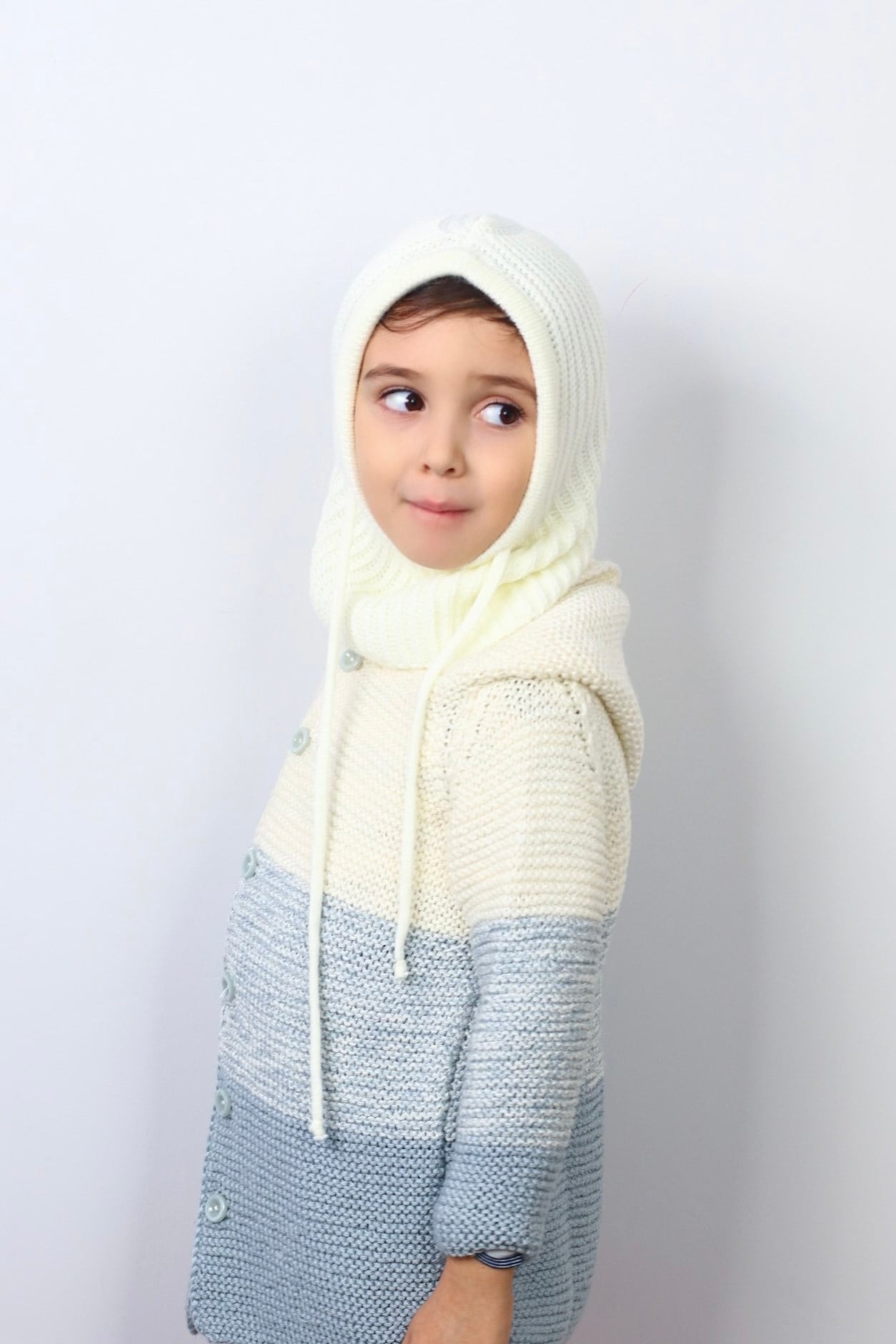 Çocuk İpli Krem Balaclava Triko Bere / Başlık