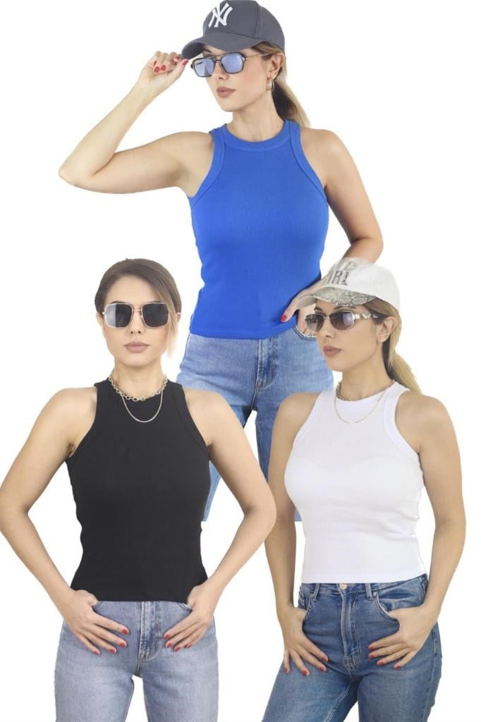 Kadın 3'lü Premium Pamuklu Fitilli Atlet Beyaz, Siyah, Saks Mavi