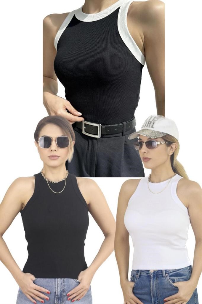 Kadın 3'lü Premium Pamuklu Fitilli Atlet Beyaz, Siyah, Kontrast