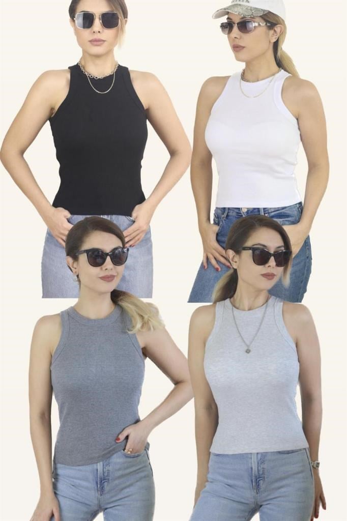 Kadın 4'lü Premium Pamuklu Fitilli Atlet Beyaz, Siyah, Gri, Antrasit