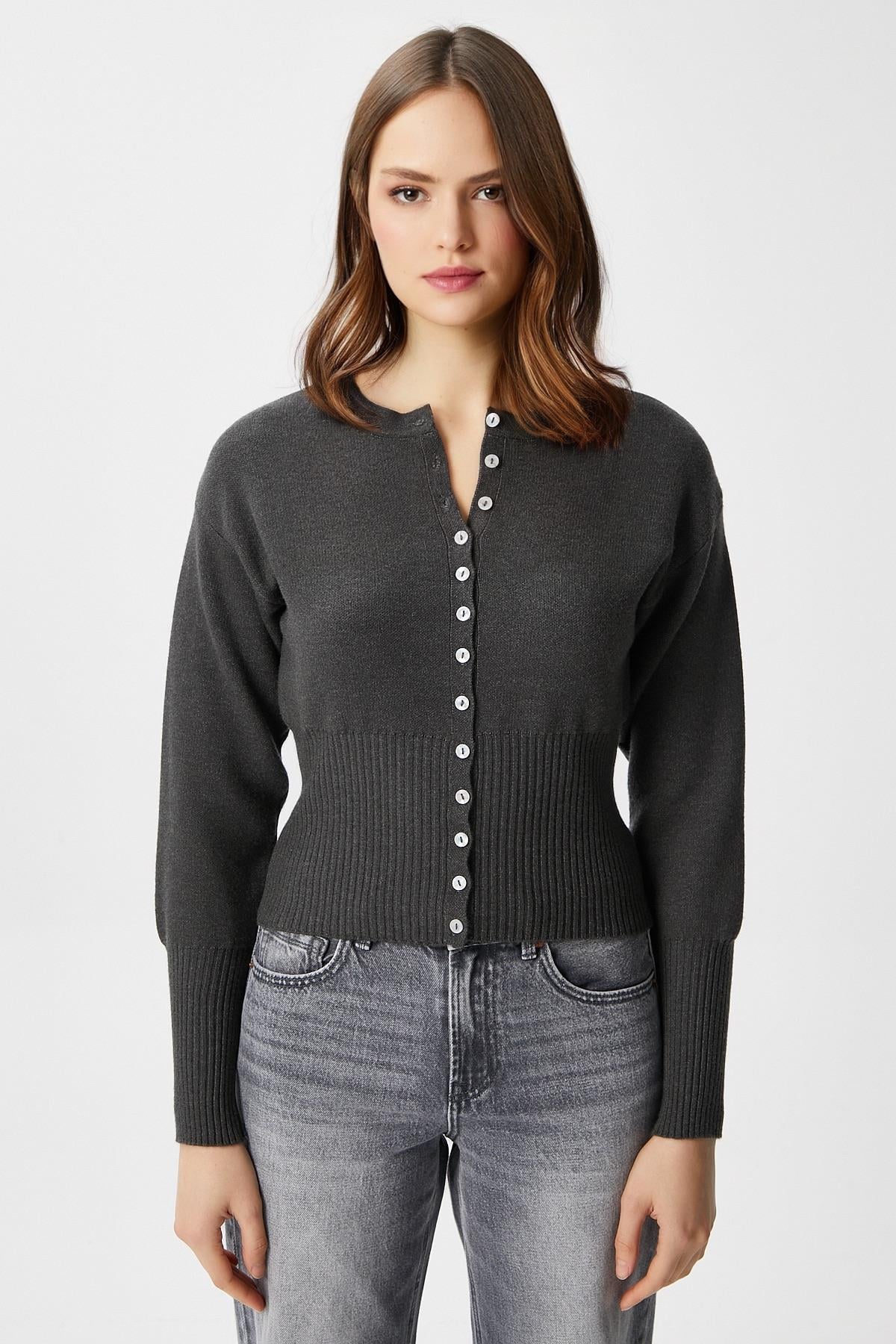 Kadın Aria Premium Viscose Yumuşak Antrasit Triko Hırka