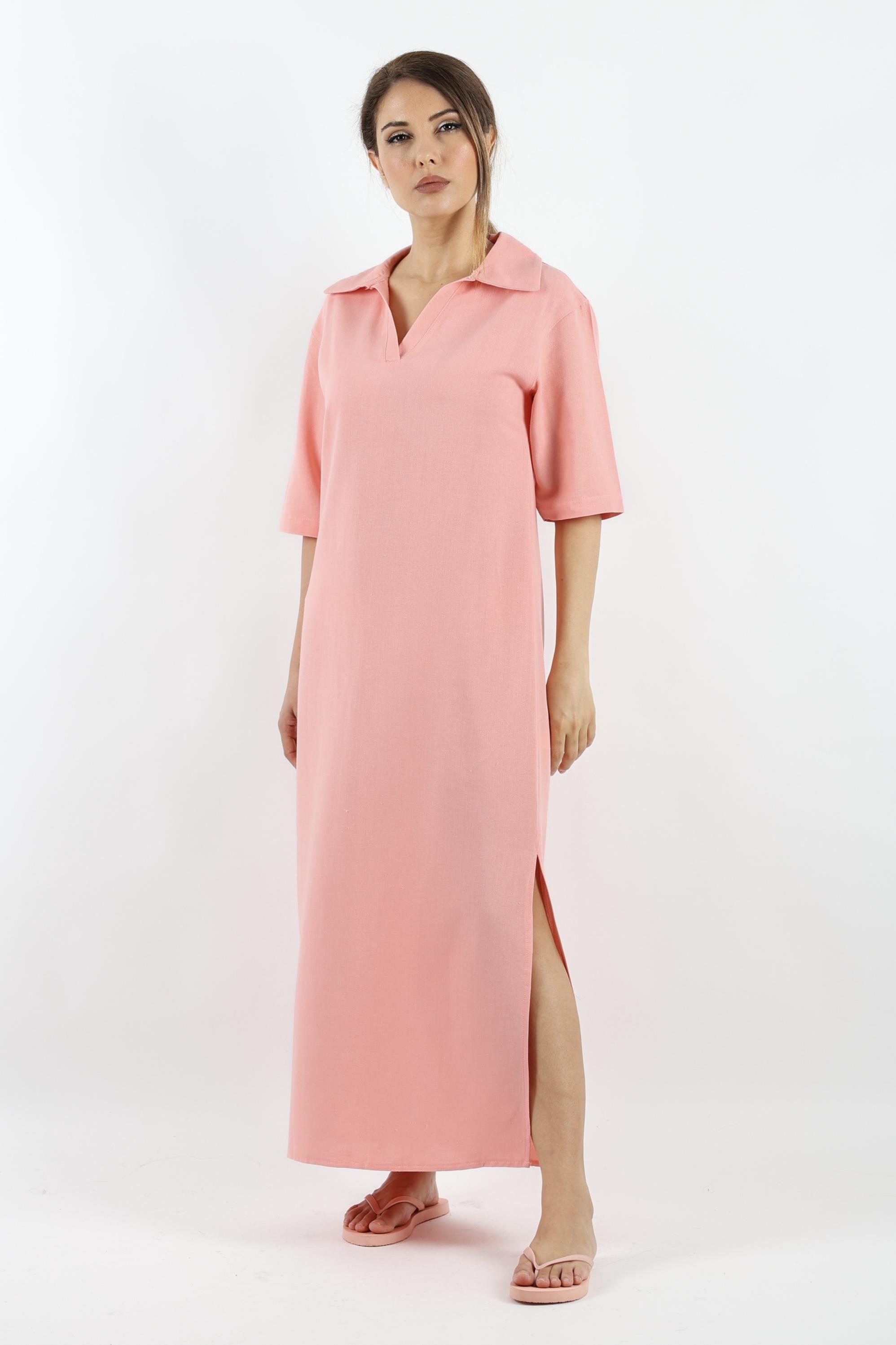 Kadın Basic Somon Polo Yaka Yırtmaçlı Elbise
