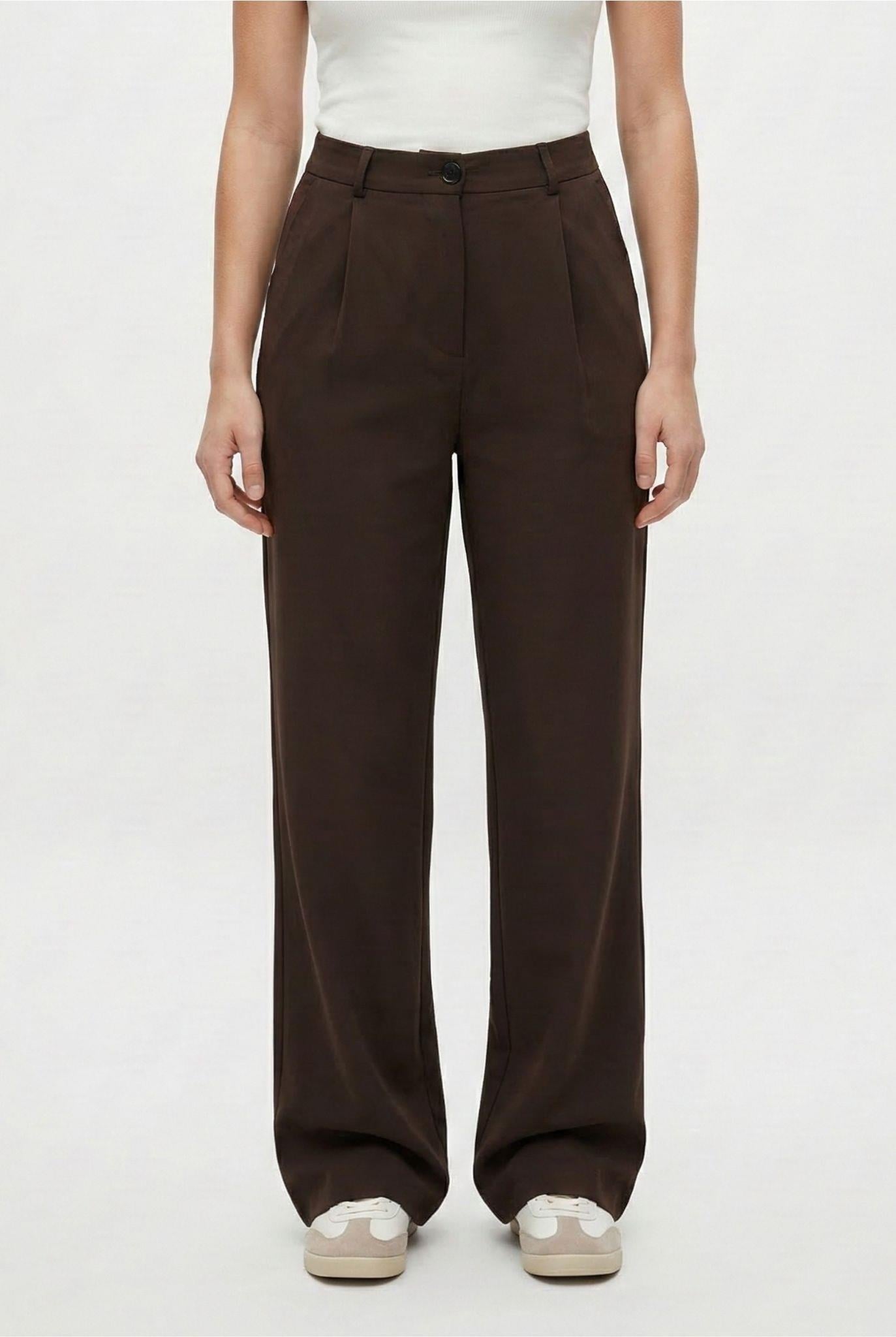 Kadın Cedric Poliviskon Düğmeli Arkadan Lastikli Kahverengi Dokuma Pantolon