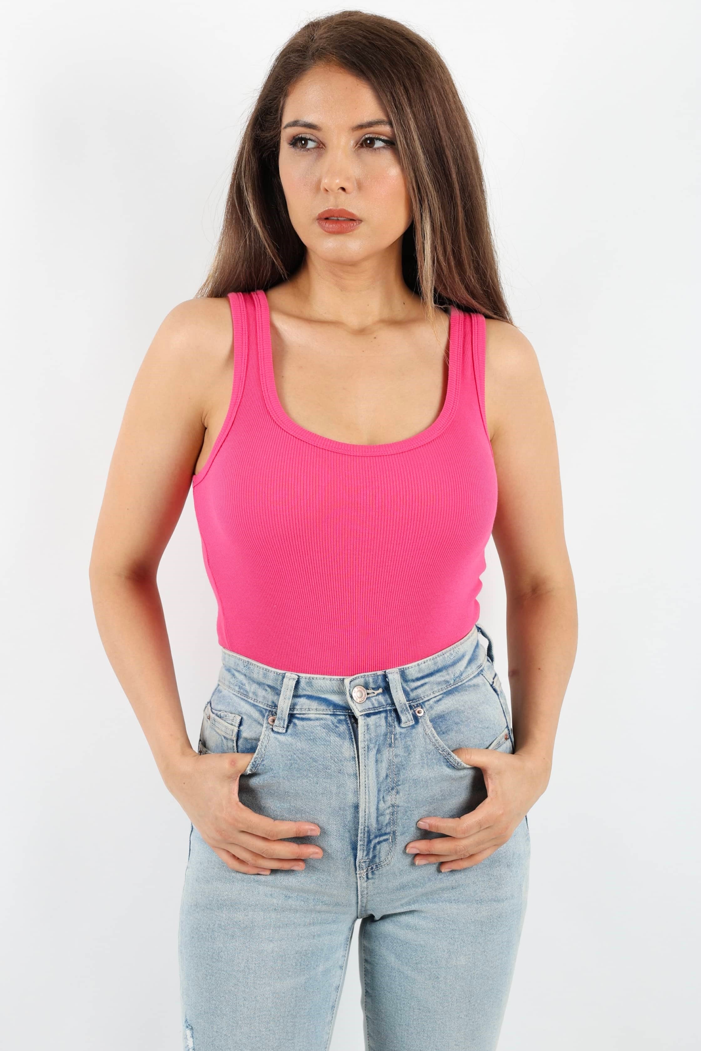 Kadın Cotton Premium Doku Fuşya Pamuklu Basic Fitilli Atlet
