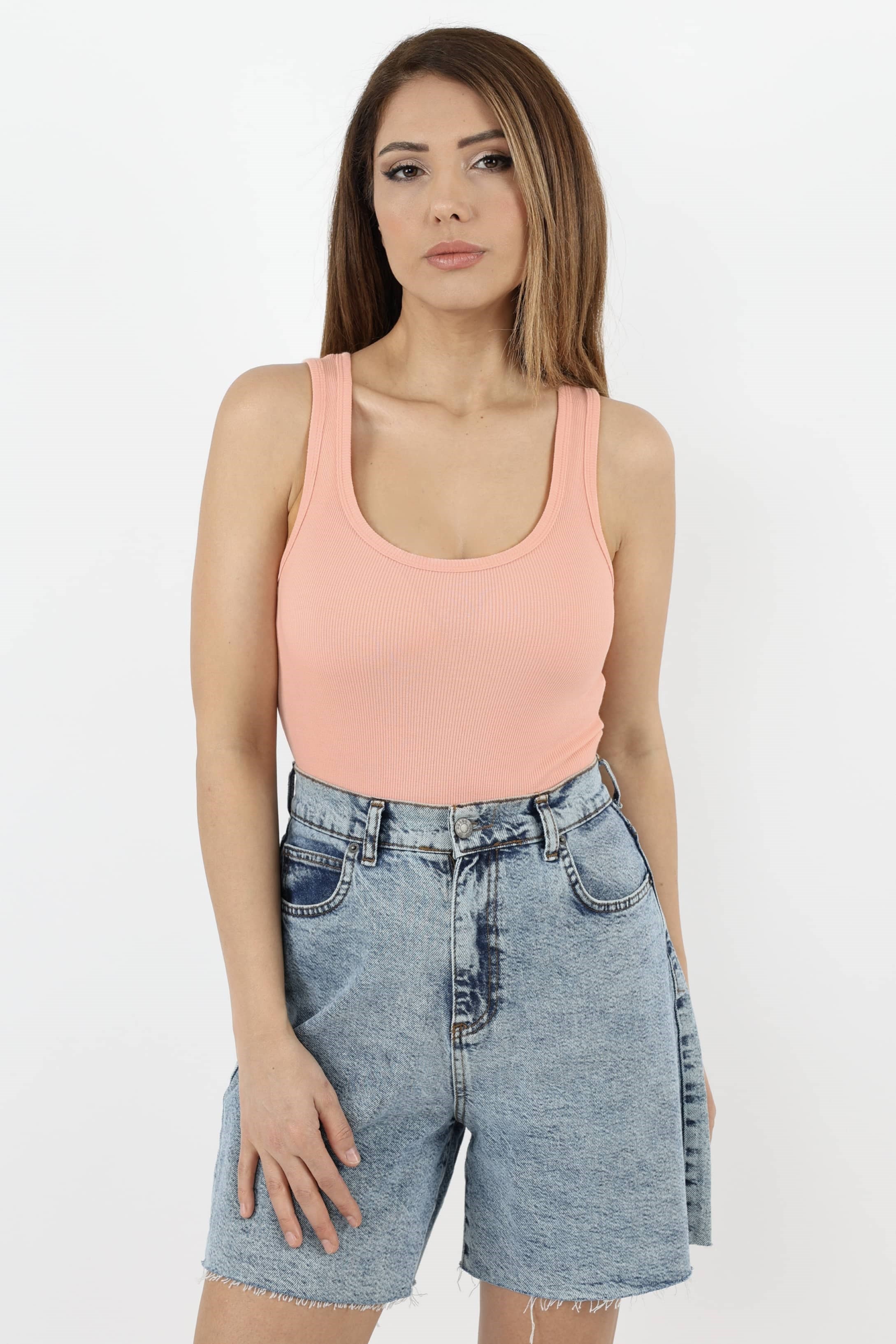 Kadın Cotton Premium Doku Somon Pamuklu Basic Fitilli Atlet