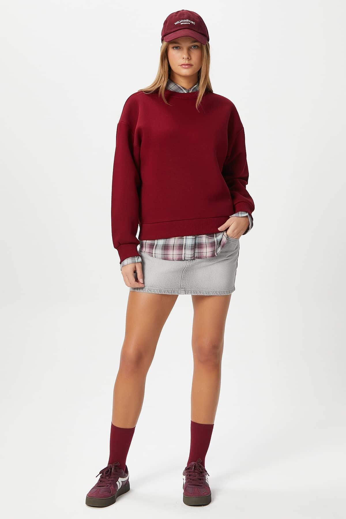 Kadın Cozy İçi Polarlı Bordo Basic Bisiklet Yaka Pamuklu Kalın Örme Sweatshirt