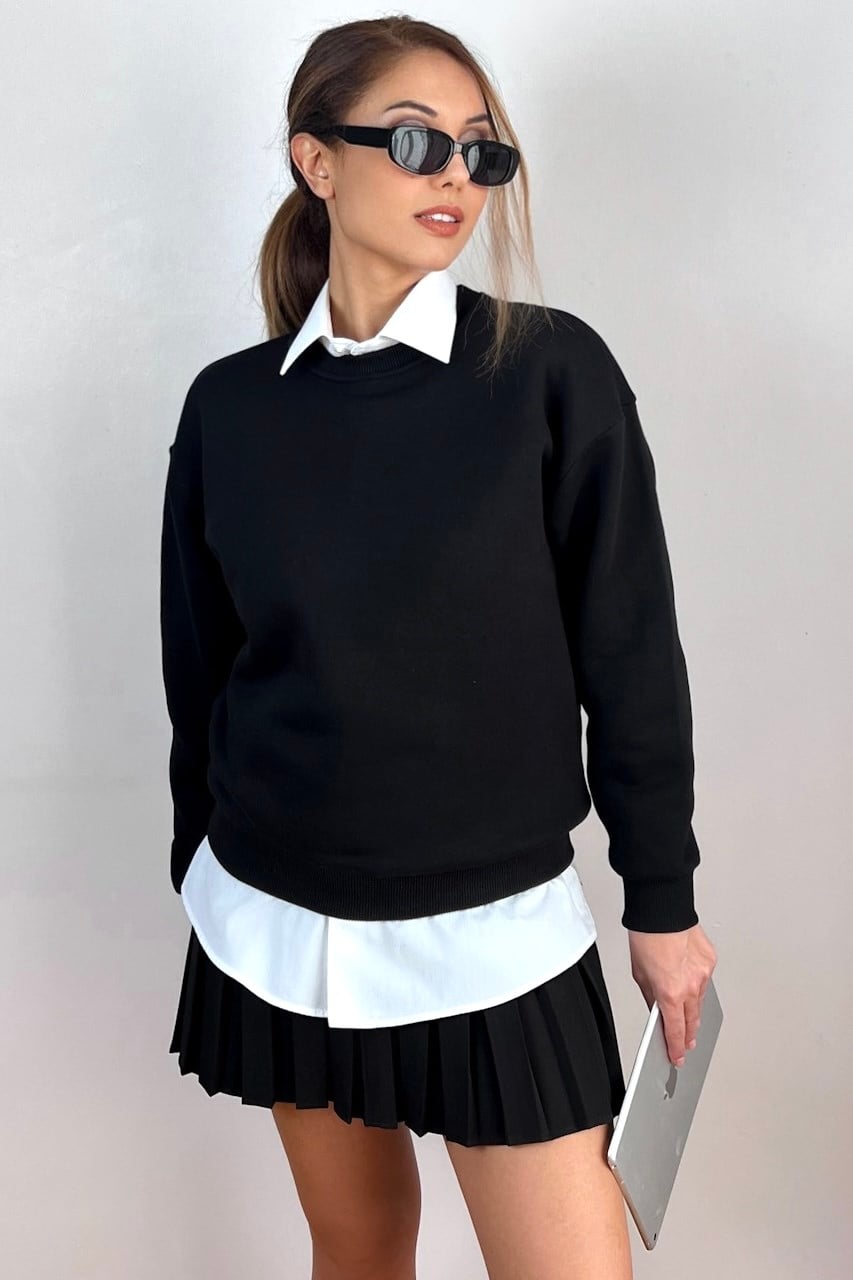 Kadın Cozy İçi Polarlı Siyah Basic Bisiklet Yaka Pamuklu Kalın Örme Sweatshirt