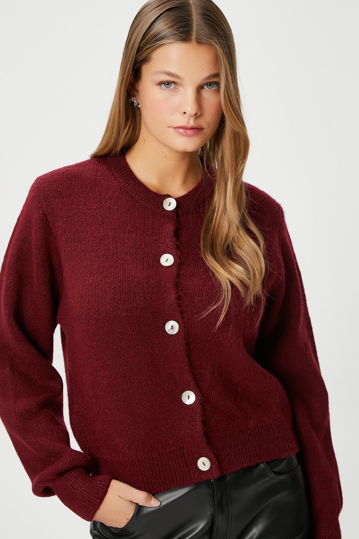 Kadın Demi Basic Yumuşak Doku Bordo Basic Triko Hırka