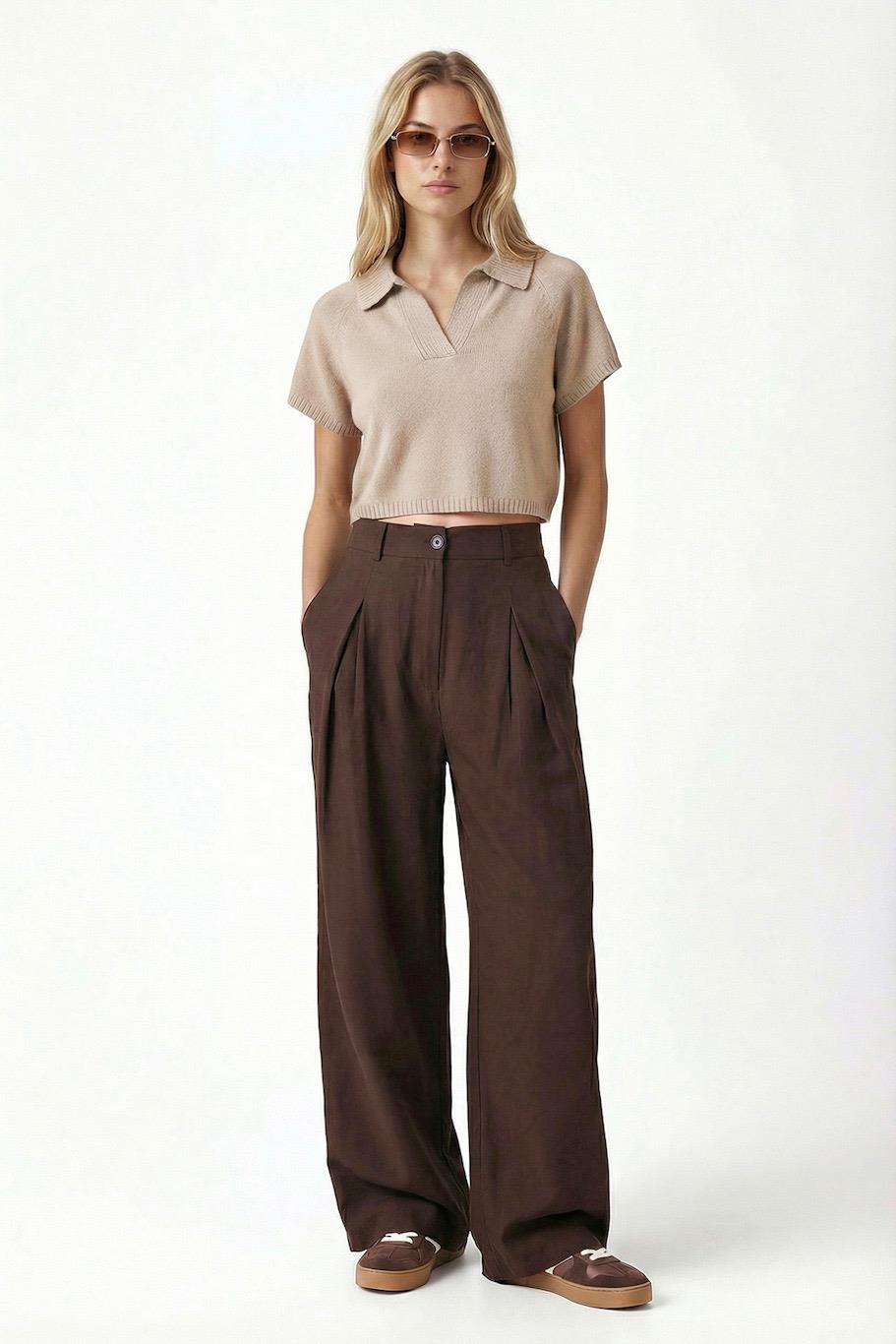 Kadın Eliot Ultra Soft Dokuma Modal Pileli Geniş Paça Kahverengi Palazzo Pantolon