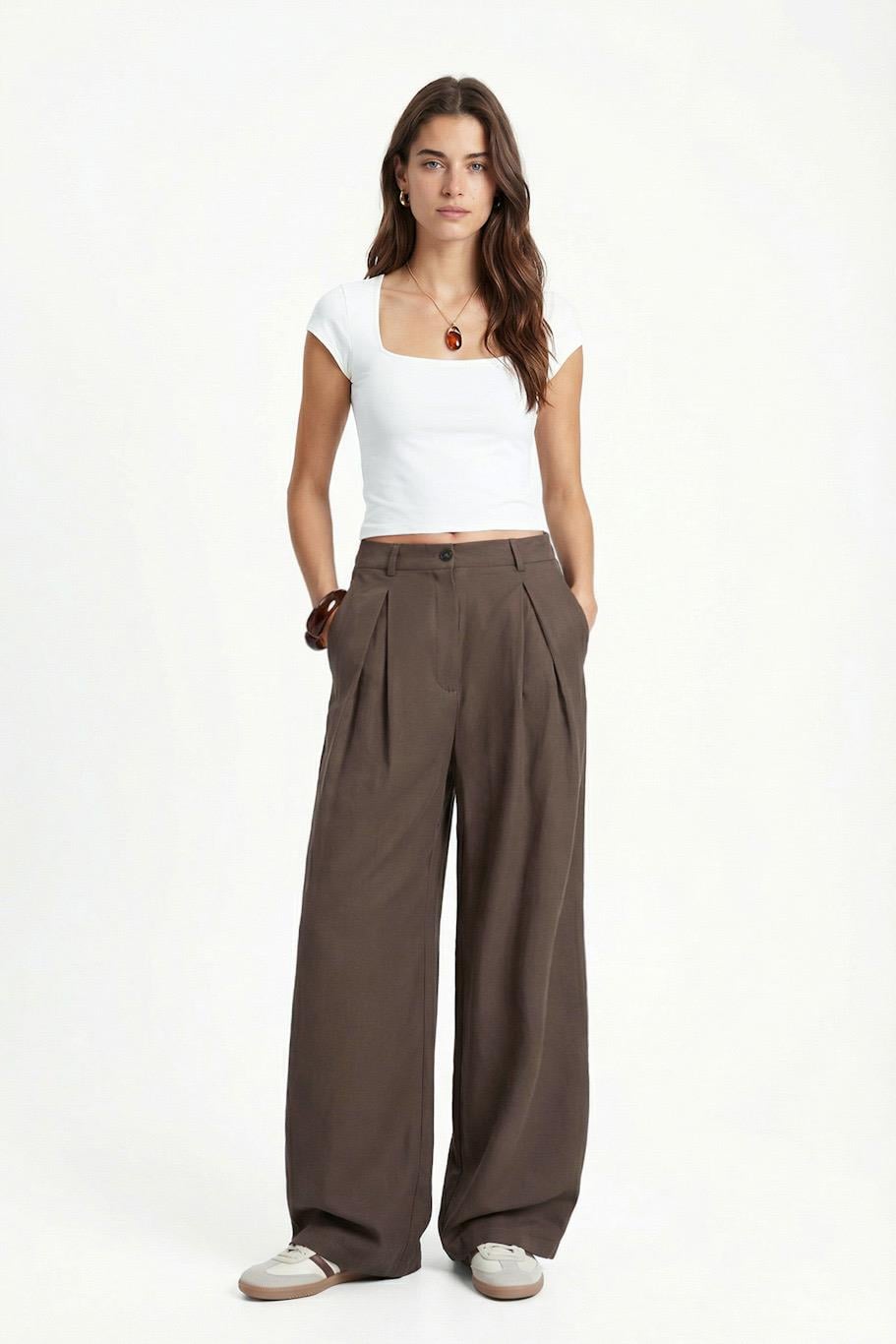 Kadın Eliot Ultra Soft Dokuma Modal Pileli Geniş Paça Haki Palazzo Pantolon
