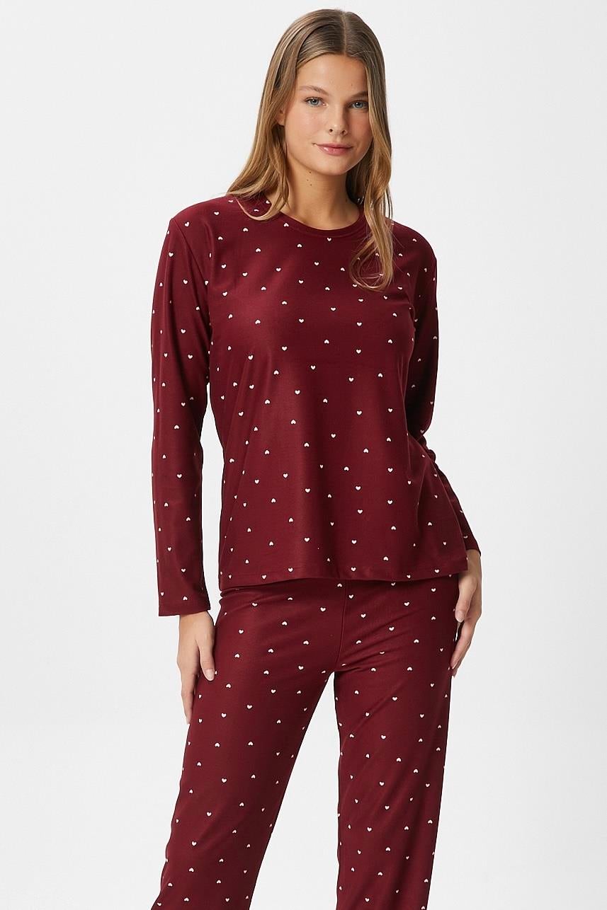 Kadın Ely Premium Bisiklet Yaka Bordo Kalp Süet Doku Yılbaşı Pijama Takımı