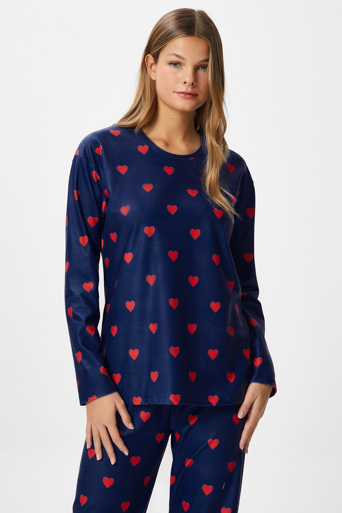 Kadın Ely Premium Bisiklet Yaka Lacivert Kalp Süet Doku Yılbaşı Pijama Takımı