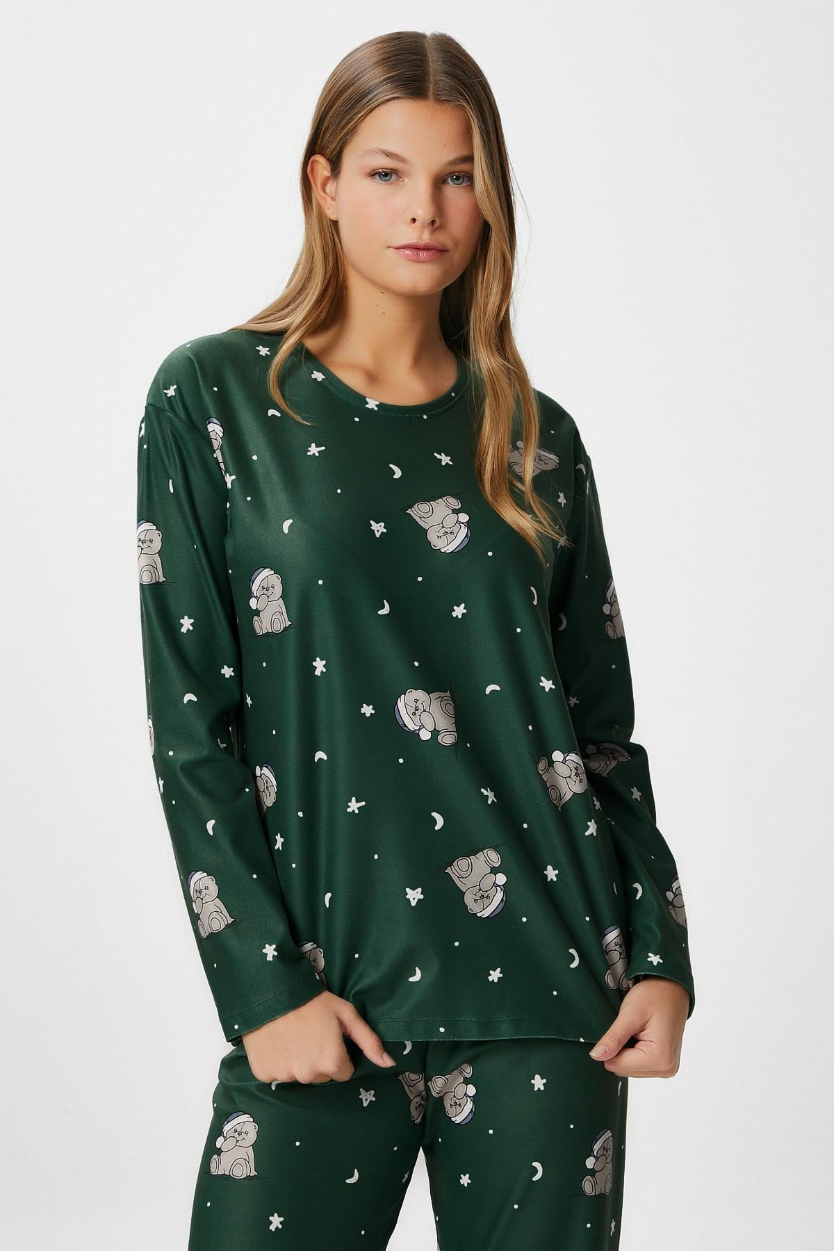 Kadın Ely Premium Bisiklet Yaka Yeşil Ayıcık Süet Doku Yılbaşı Pijama Takımı