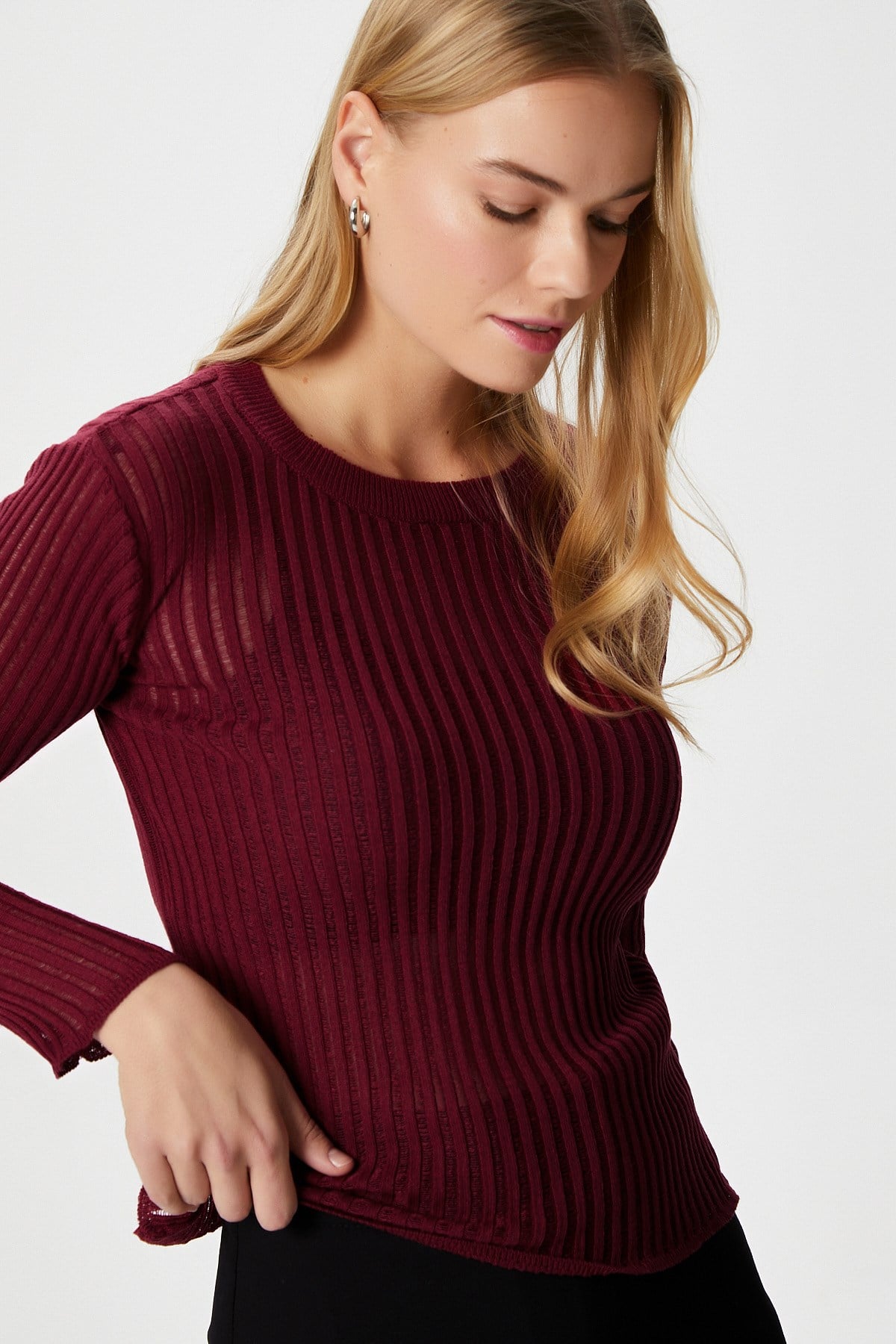Kadın Fiona Bisiklet Yaka Transparan Bluz Bordo