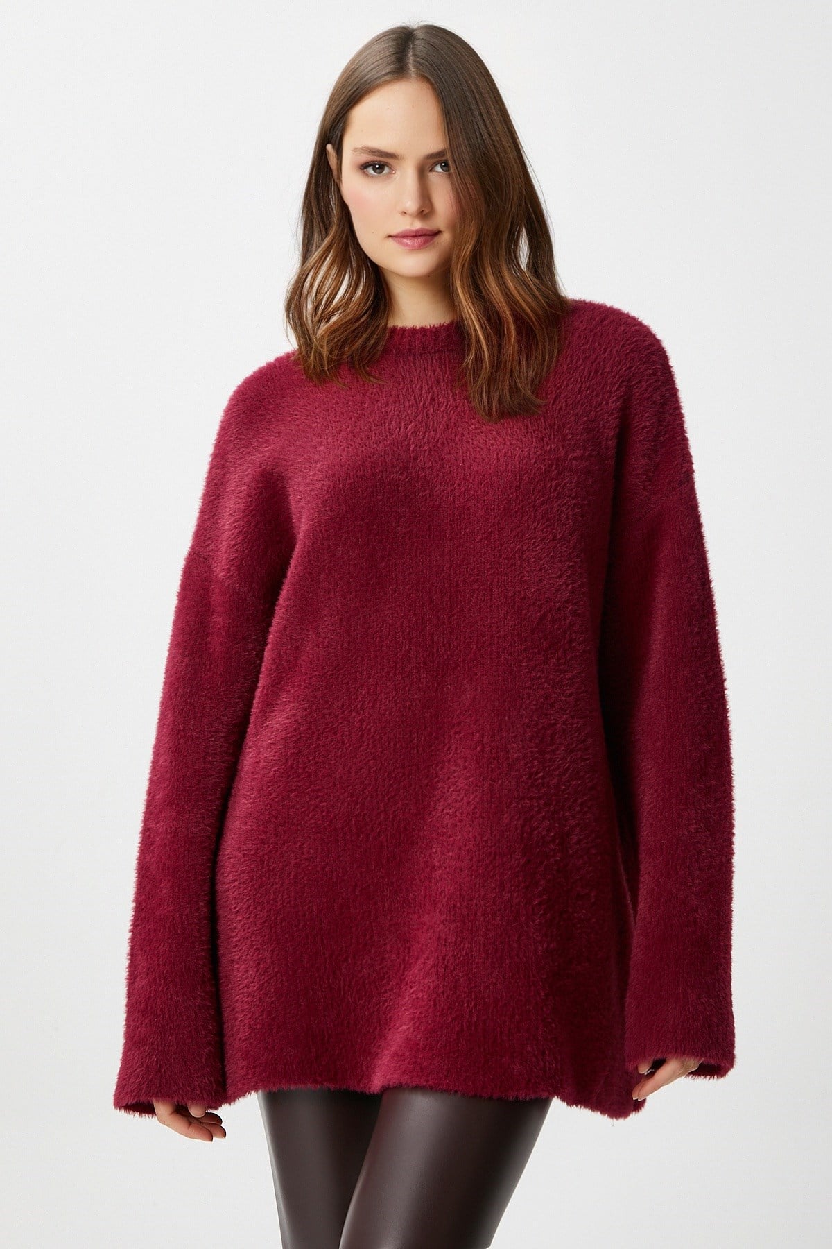 Kadın Fluffy Yumuşacık Bordo Triko Kazak