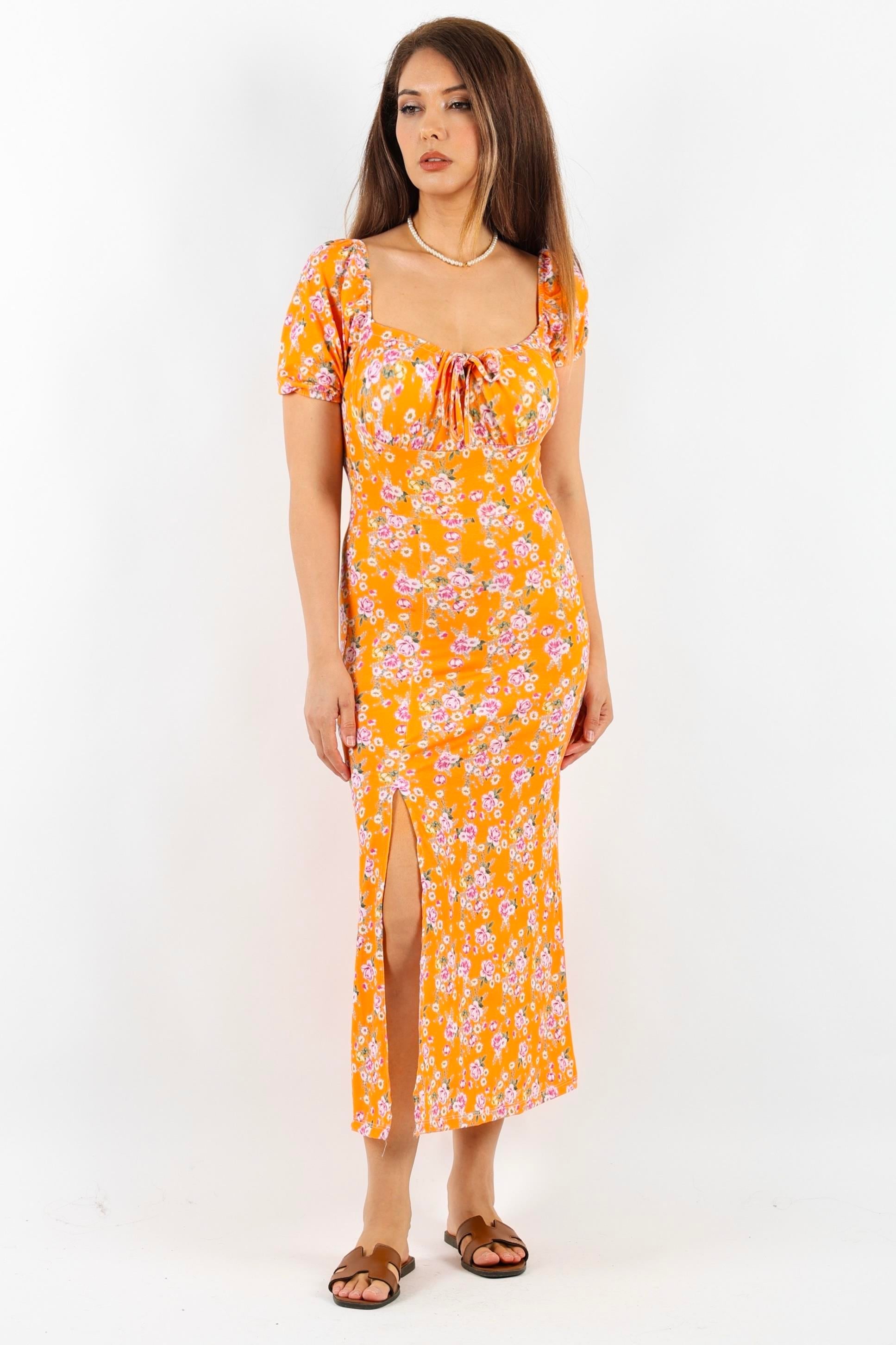 Kadın Gardenya Turuncu Pembe Çiçekli Elbise