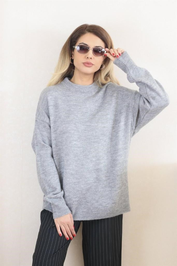 Kadın Gri Oversize Basic Kazak