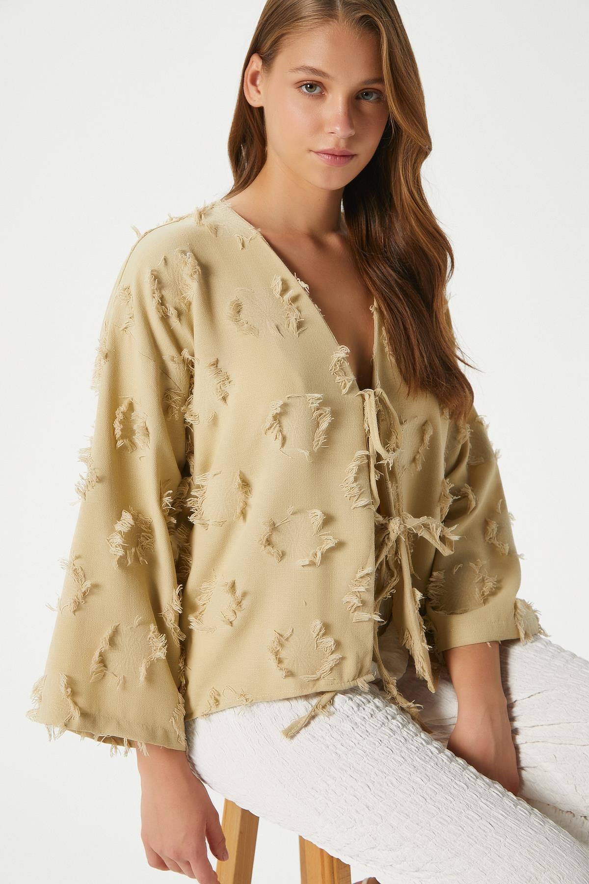 Kadın Harmony Bağcıklı Çağla Yeşili Kimono Gömlek