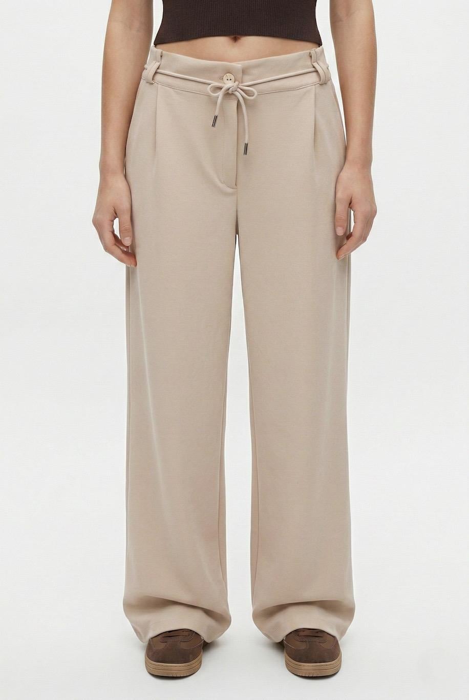 Kadın Henri Kordon Kemerli Pileli Cepli Bej Eşofman Altı