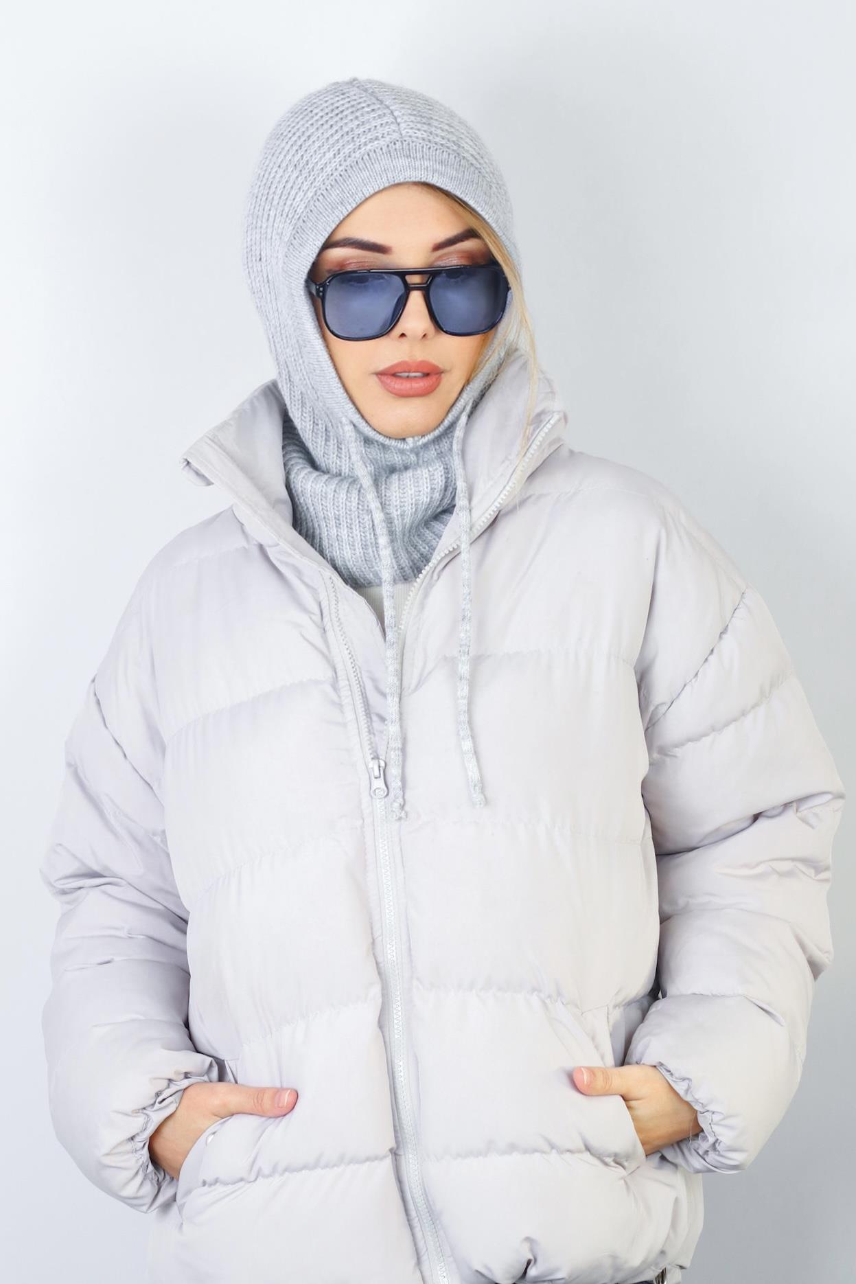 Kadın İpli Gri Balaclava Triko Bere / Başlık