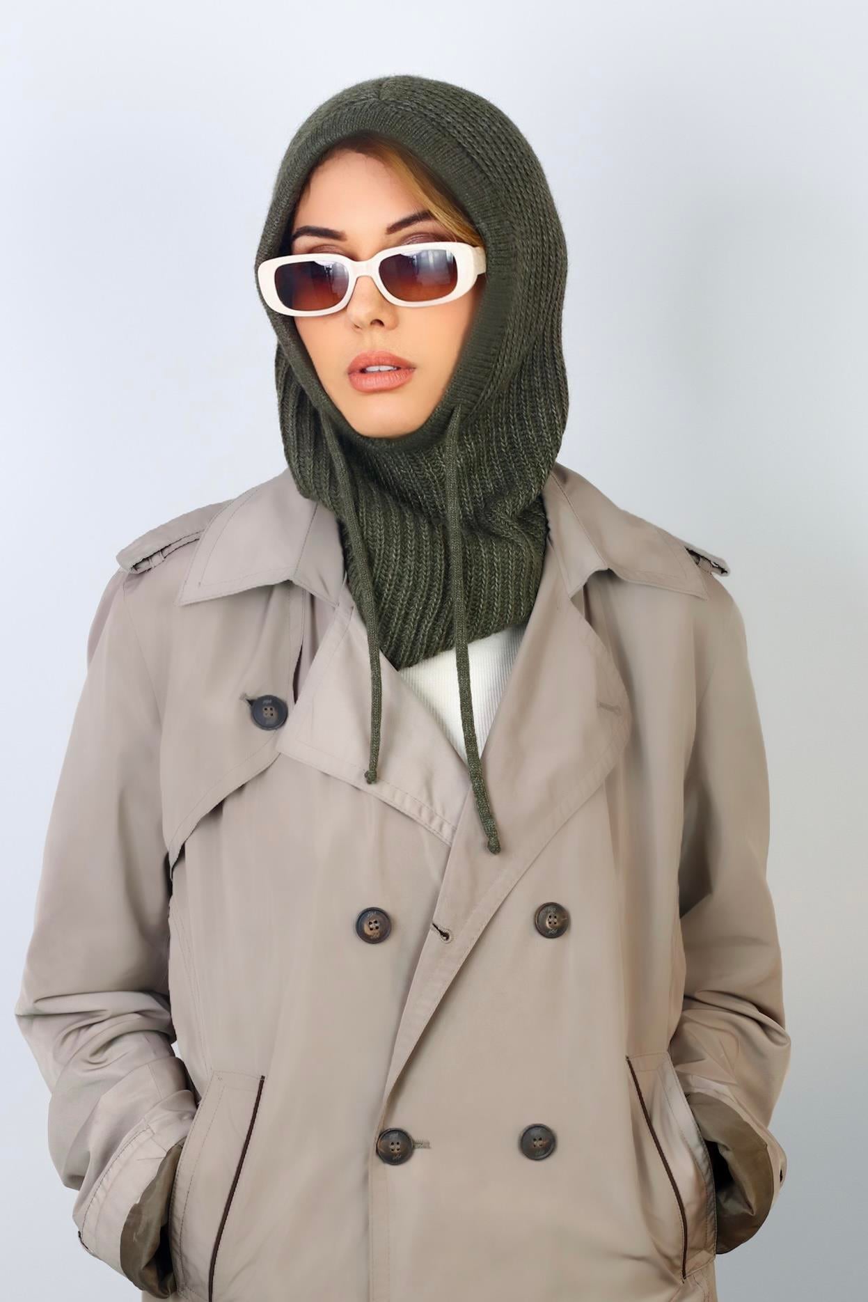 Kadın İpli Haki Balaclava Triko Bere / Başlık