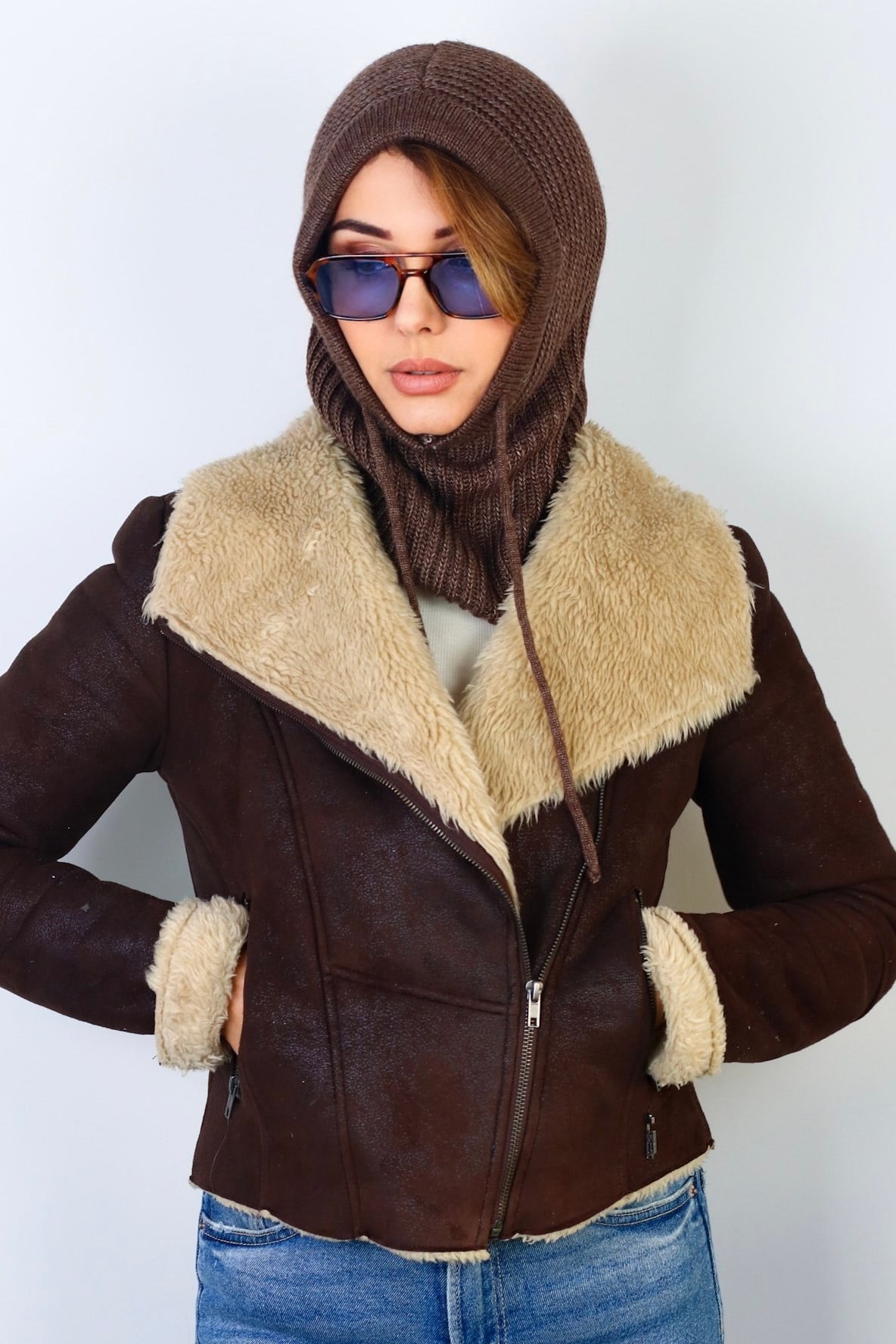 Kadın İpli Kahverengi Balaclava Triko Bere / Başlık