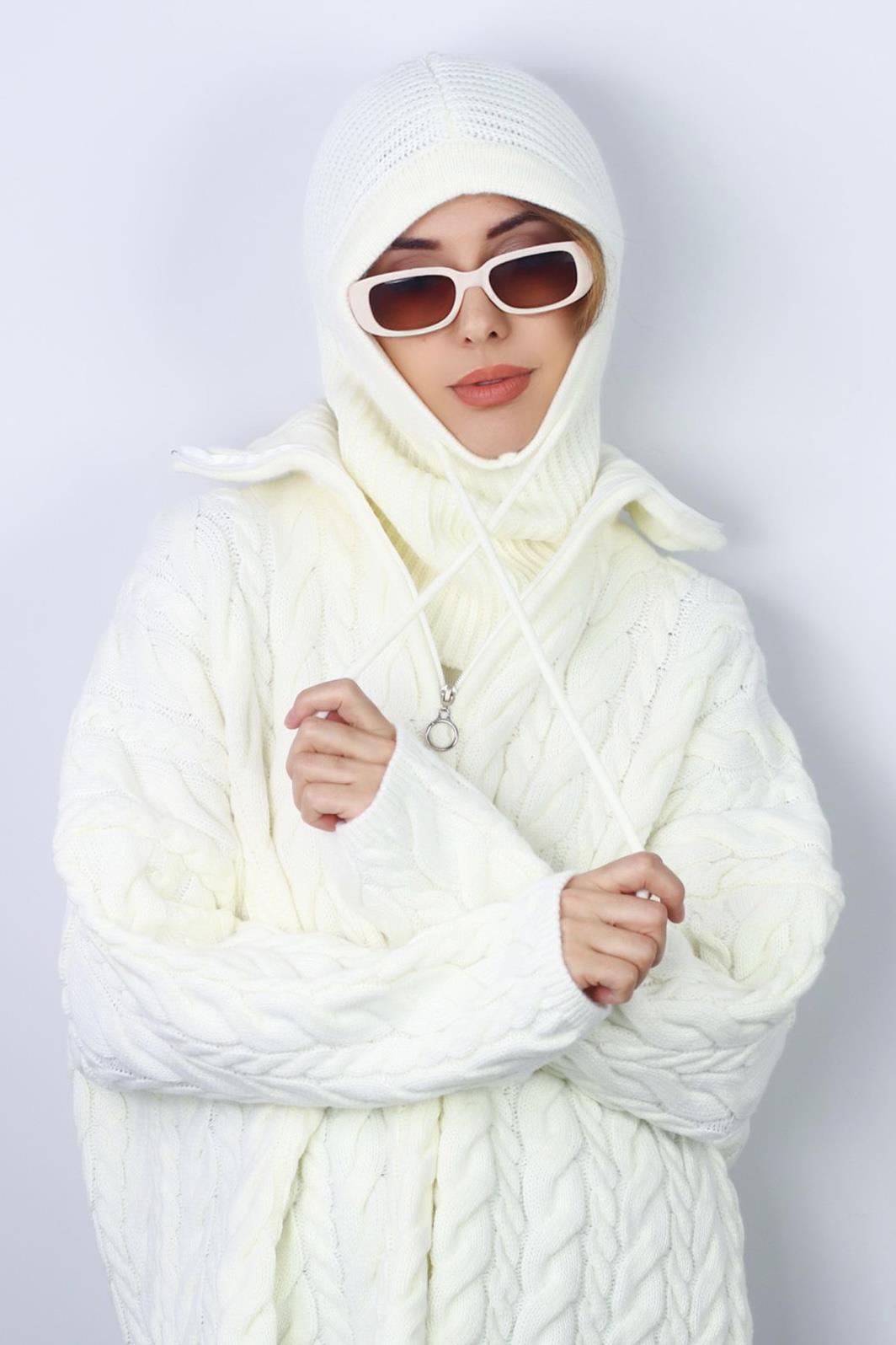 Kadın İpli Krem Balaclava Triko Bere / Başlık