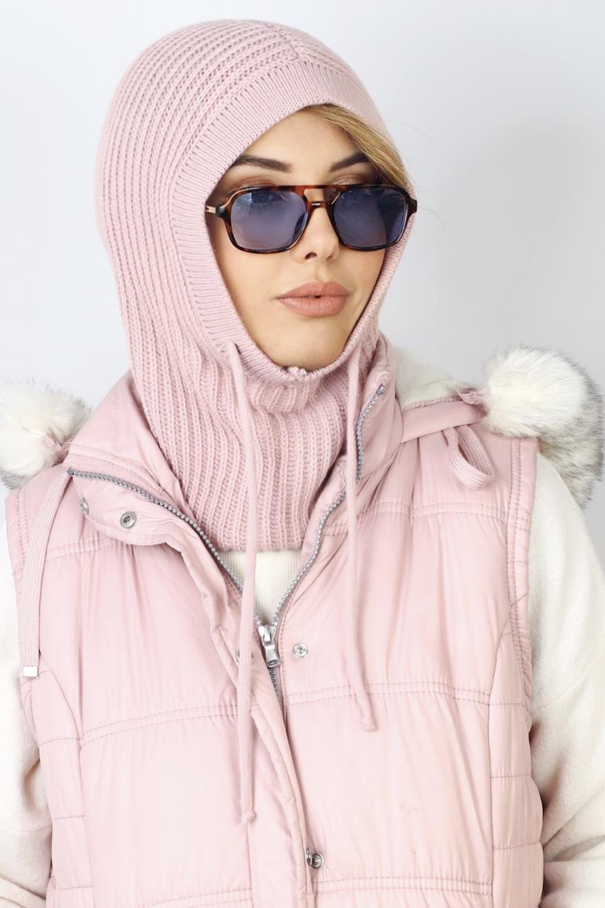 Kadın İpli Pembe Balaclava Triko Bere / Başlık