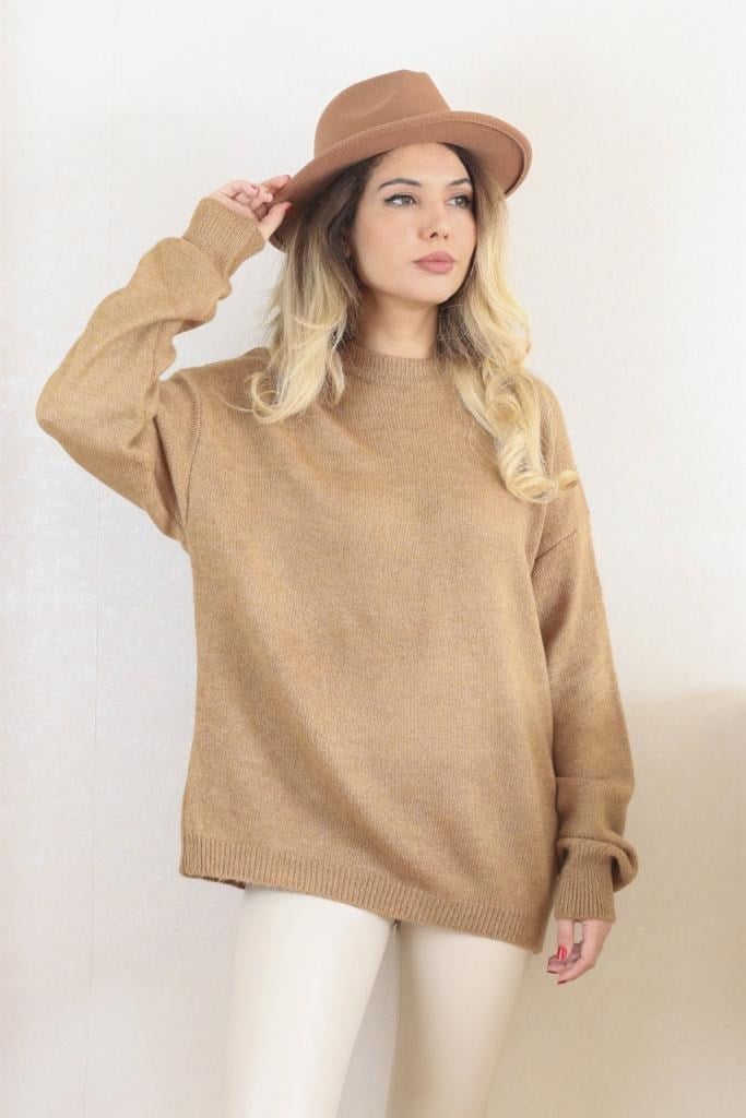 Kadın Kahve Oversize Basic Kazak