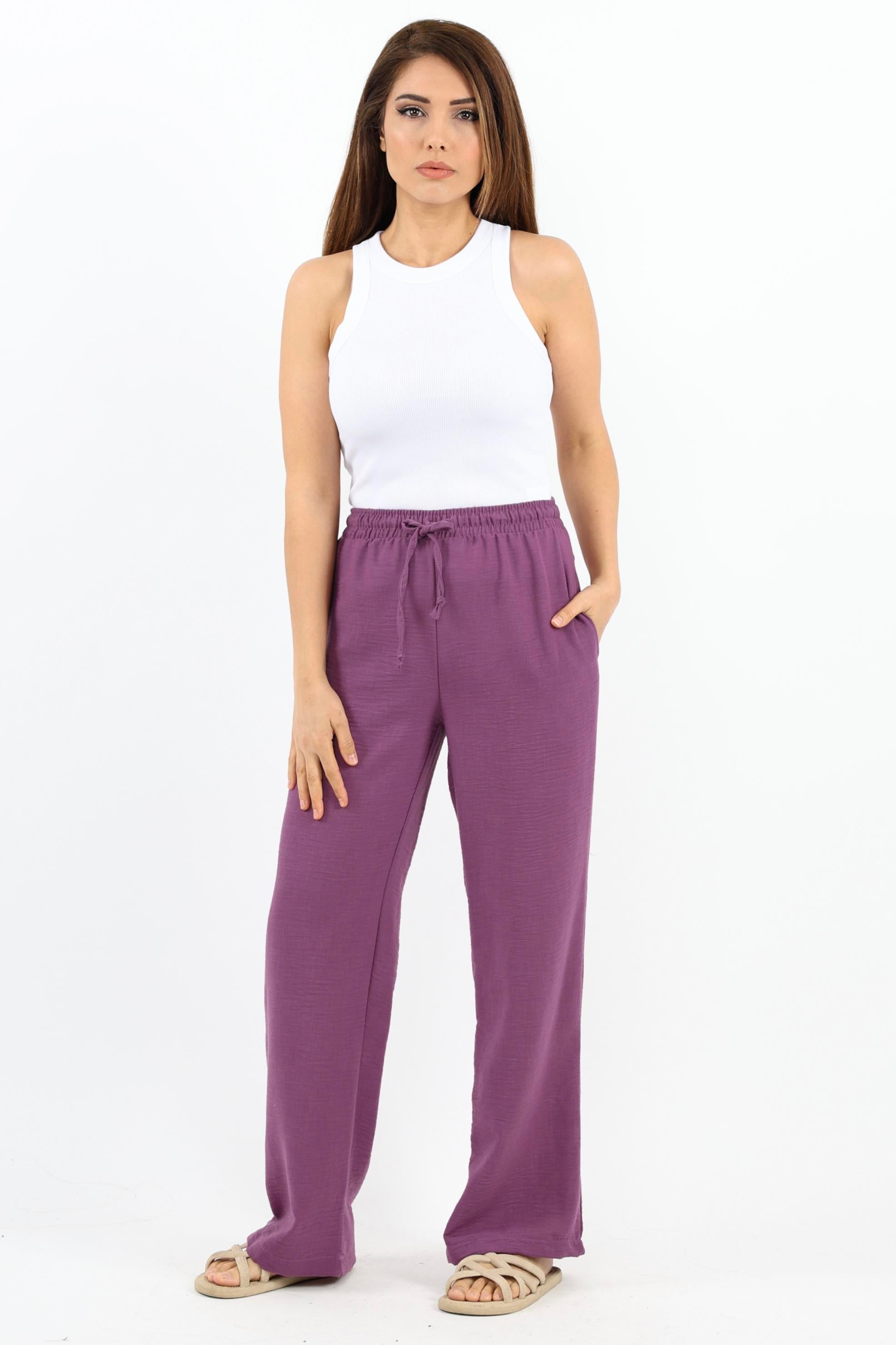 Kadın Keten Comfy Mor Düz Kesim Bel Lastikli Pantolon
