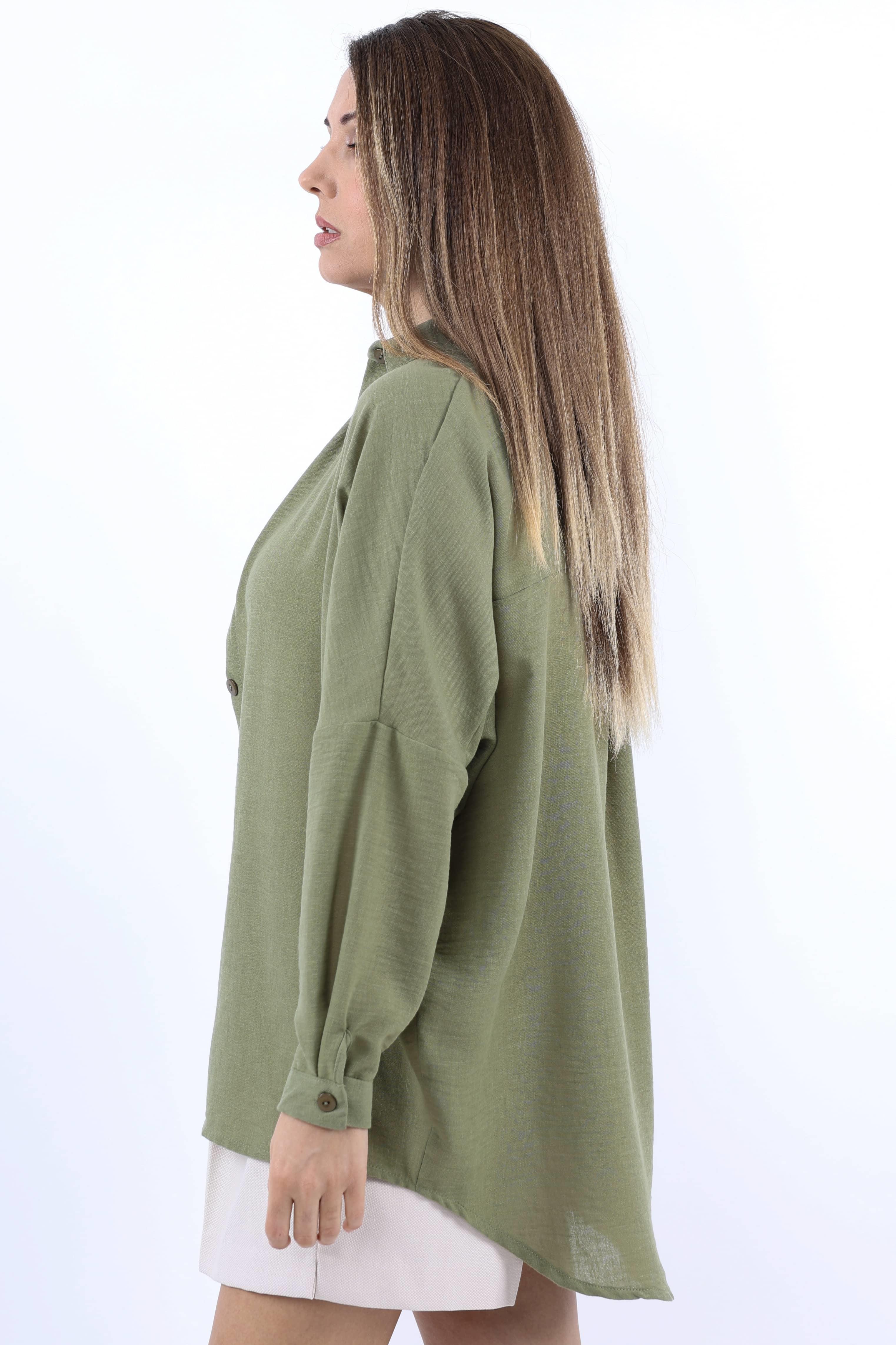 Kadın Keten Comfy Uzun Haki Gömlek