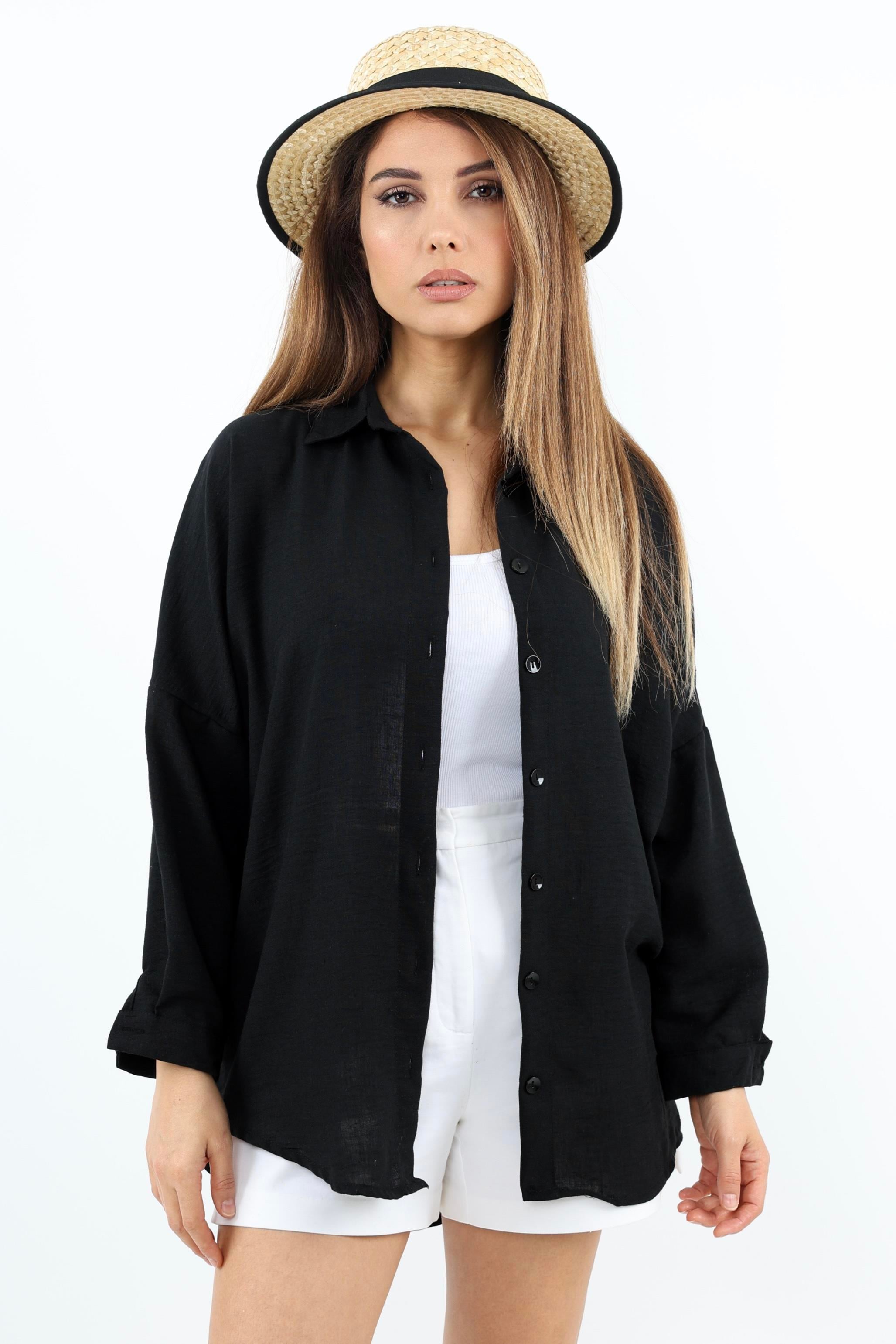 Kadın Keten Comfy Uzun Siyah Gömlek