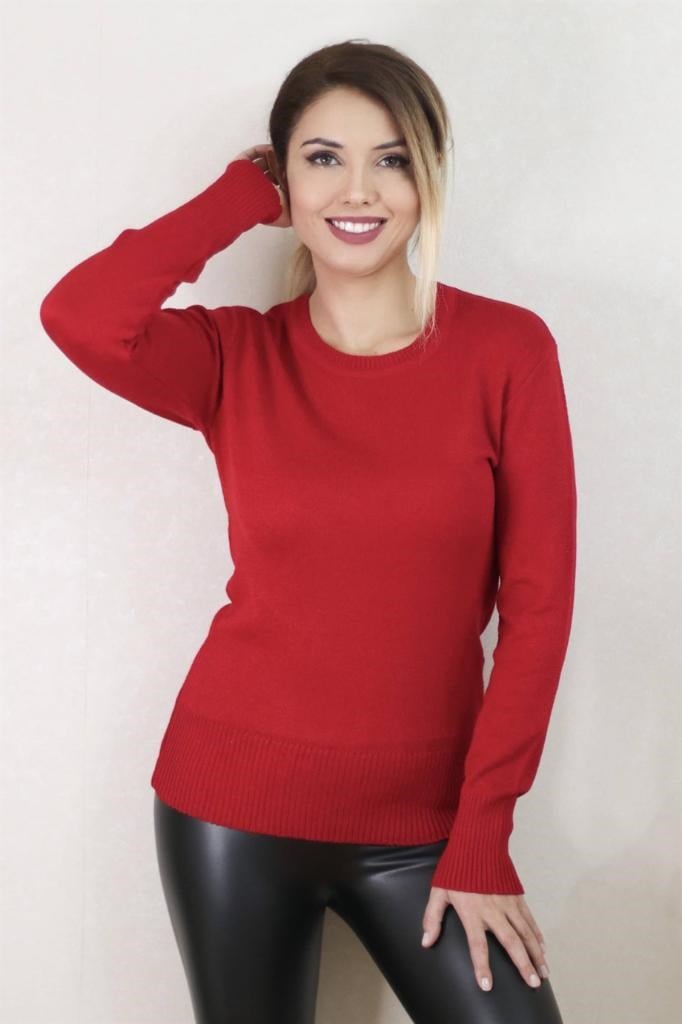 Kadın Kırmızı Düz Renk Slim Triko Kazak