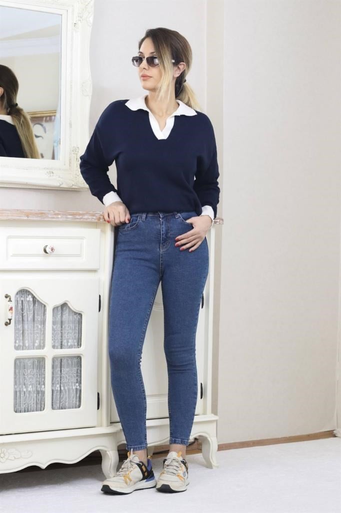 Kadın Koyu Mavi Motto Skinny Jean