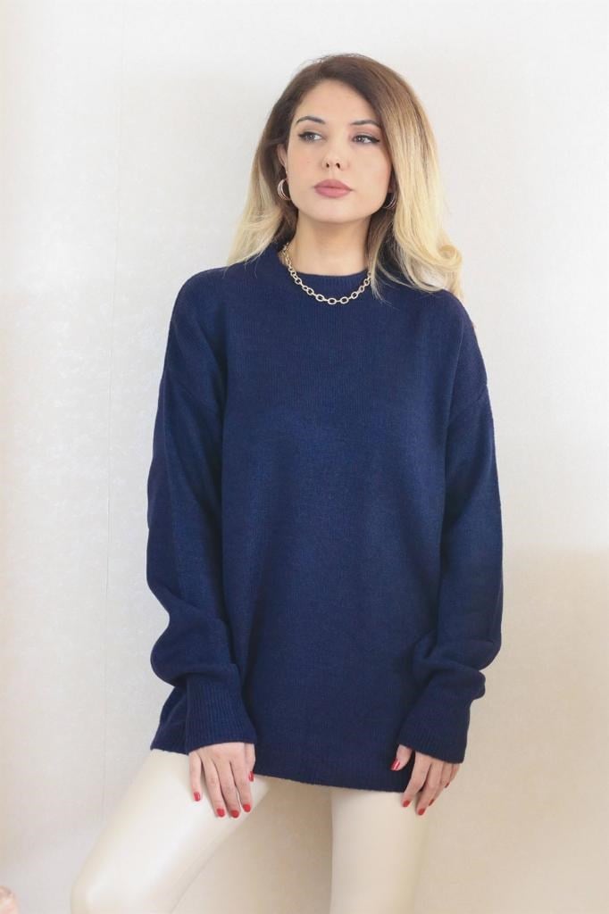 Kadın Lacivert Oversize Basic Kazak