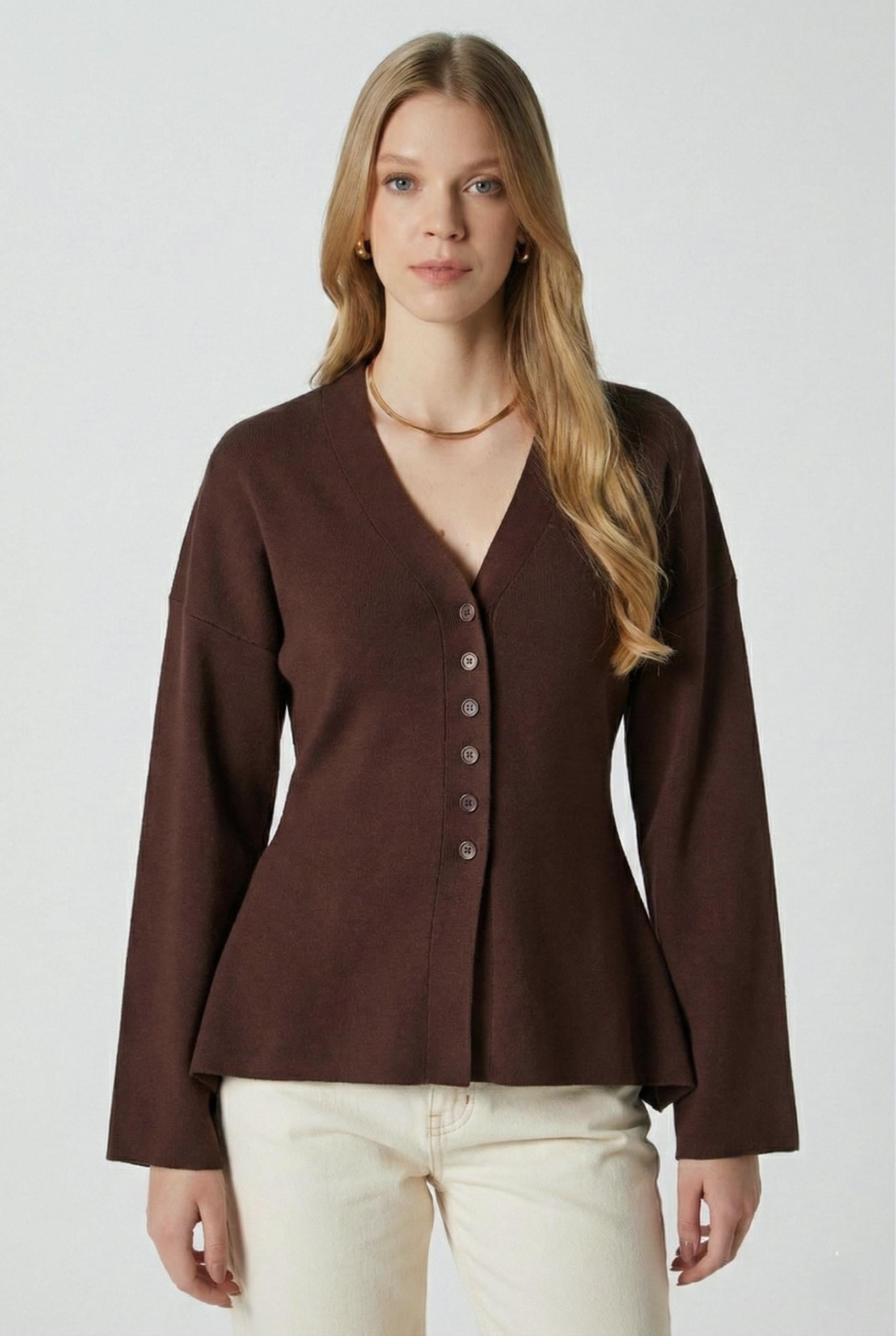 Kadın Lauren Özel İplik Merserize Görünüm Peplum Kahverengi Triko Hırka 