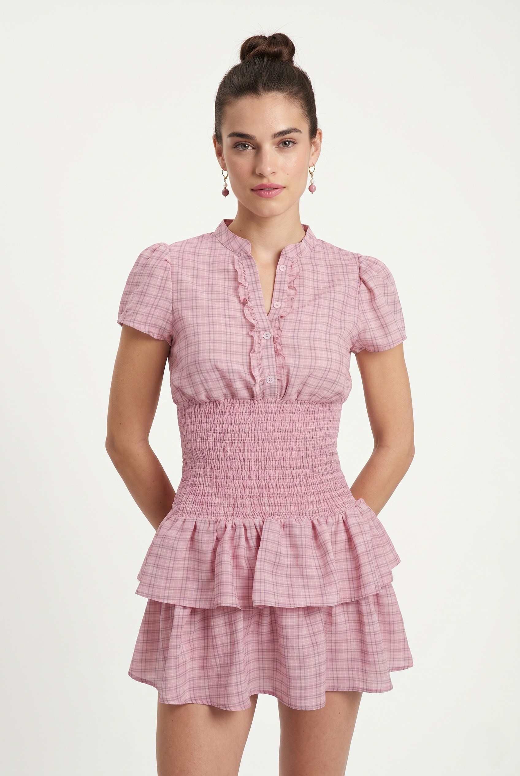 Kadın Lavinia Beli Lastikli Kareli Fırfırlı Pembe Dokuma Kısa Elbise