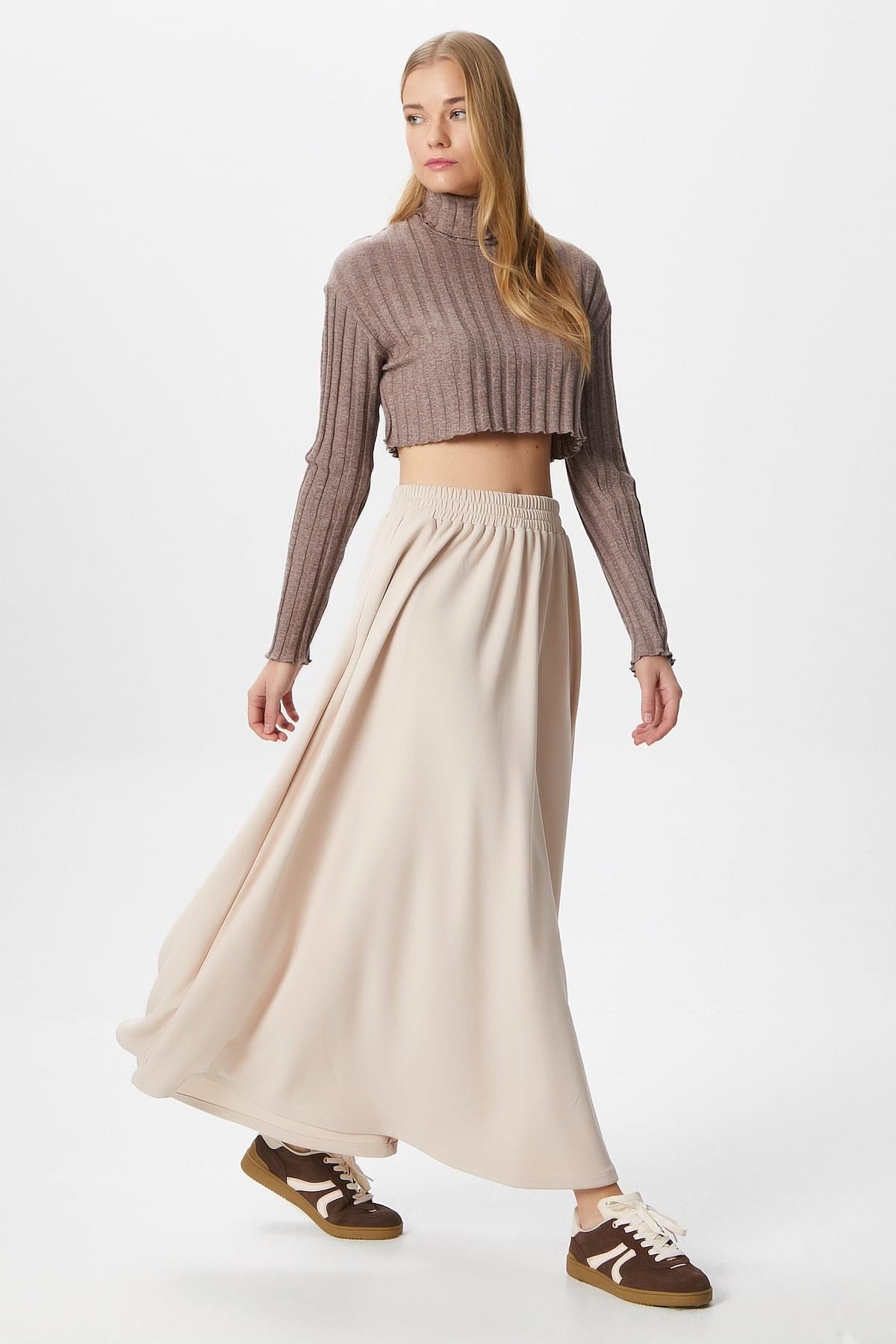 Kadın Luna Bel Lastikli Cepli Açık Bej Uzun Maxi Boy Etek