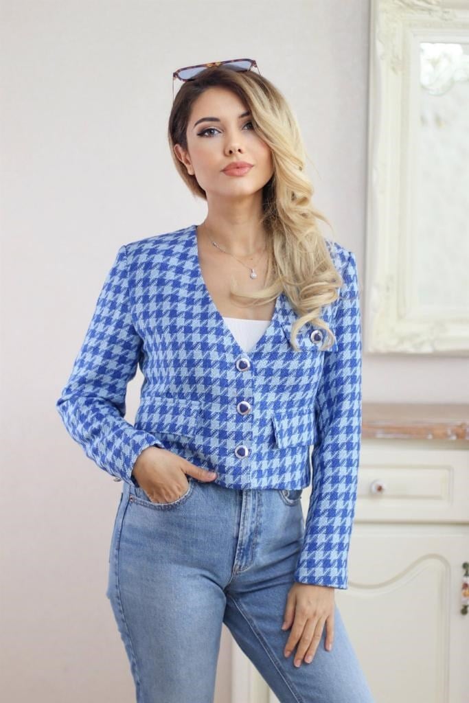 Kadın Mavi Kazayağı Astarlı Dokulu Crop Ceket
