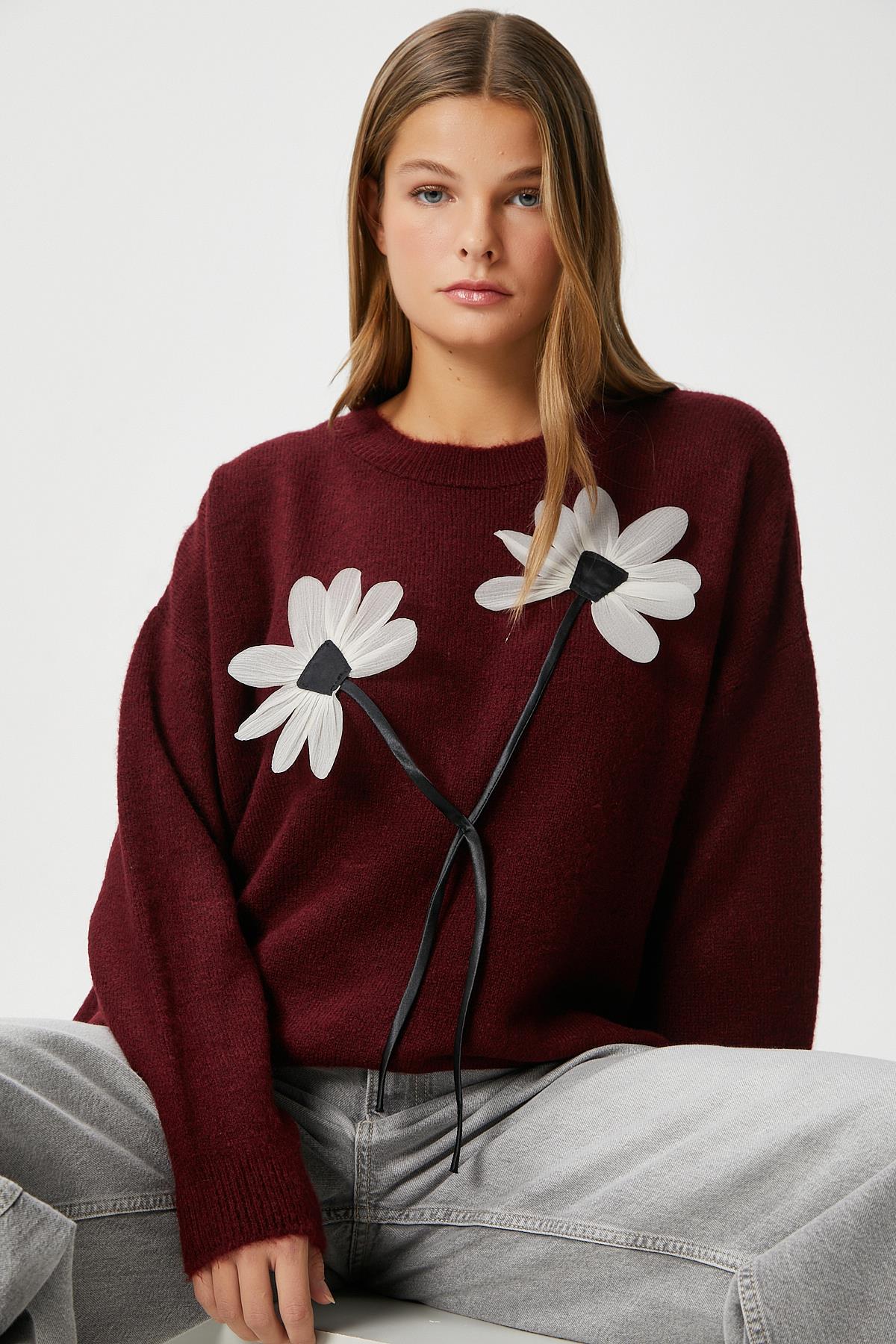 Kadın Miranda Çiçek Detay Bordo Triko Kazak