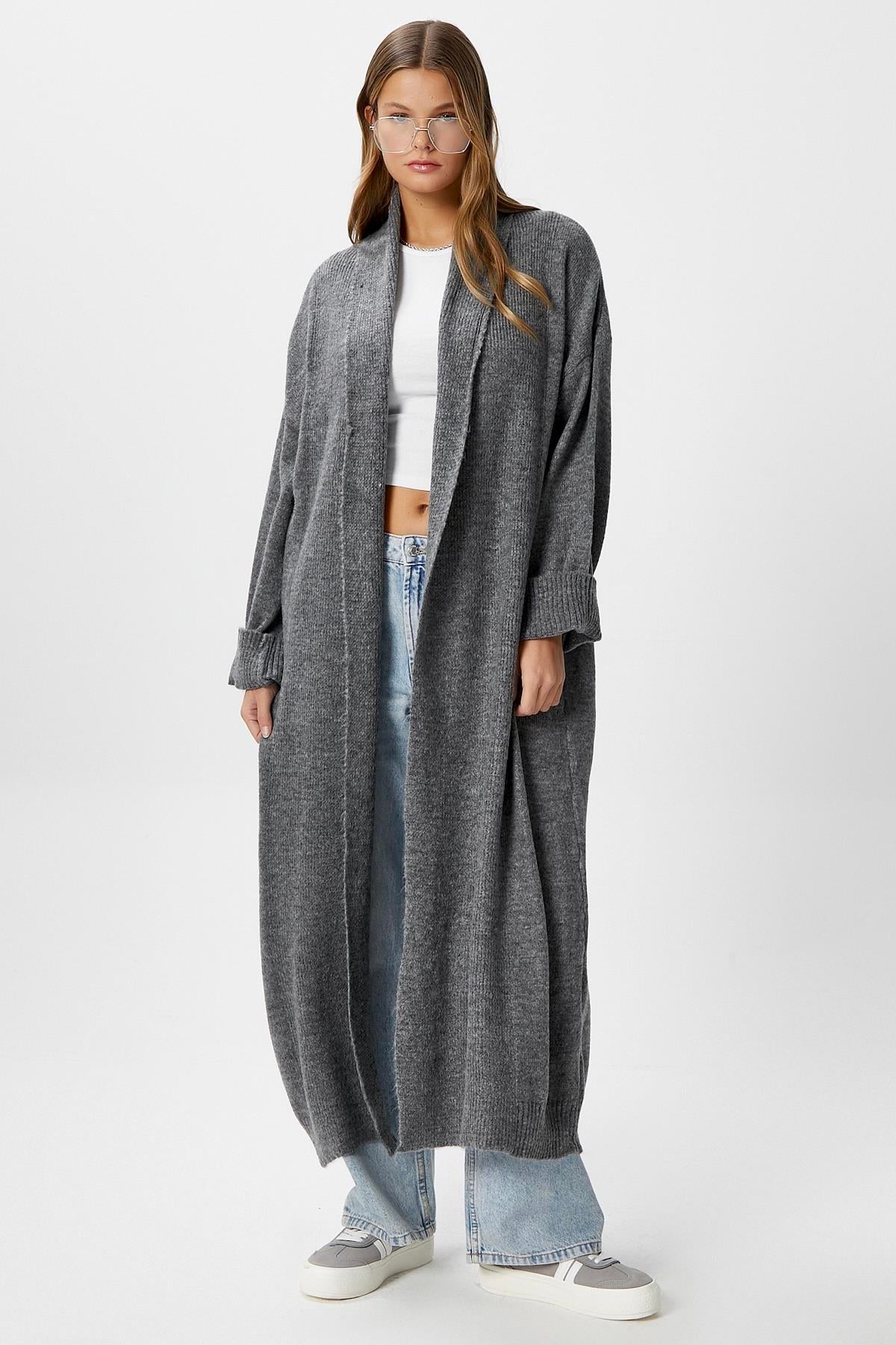 Kadın Mona Yumuşak Doku Antrasit Uzun Triko Hırka