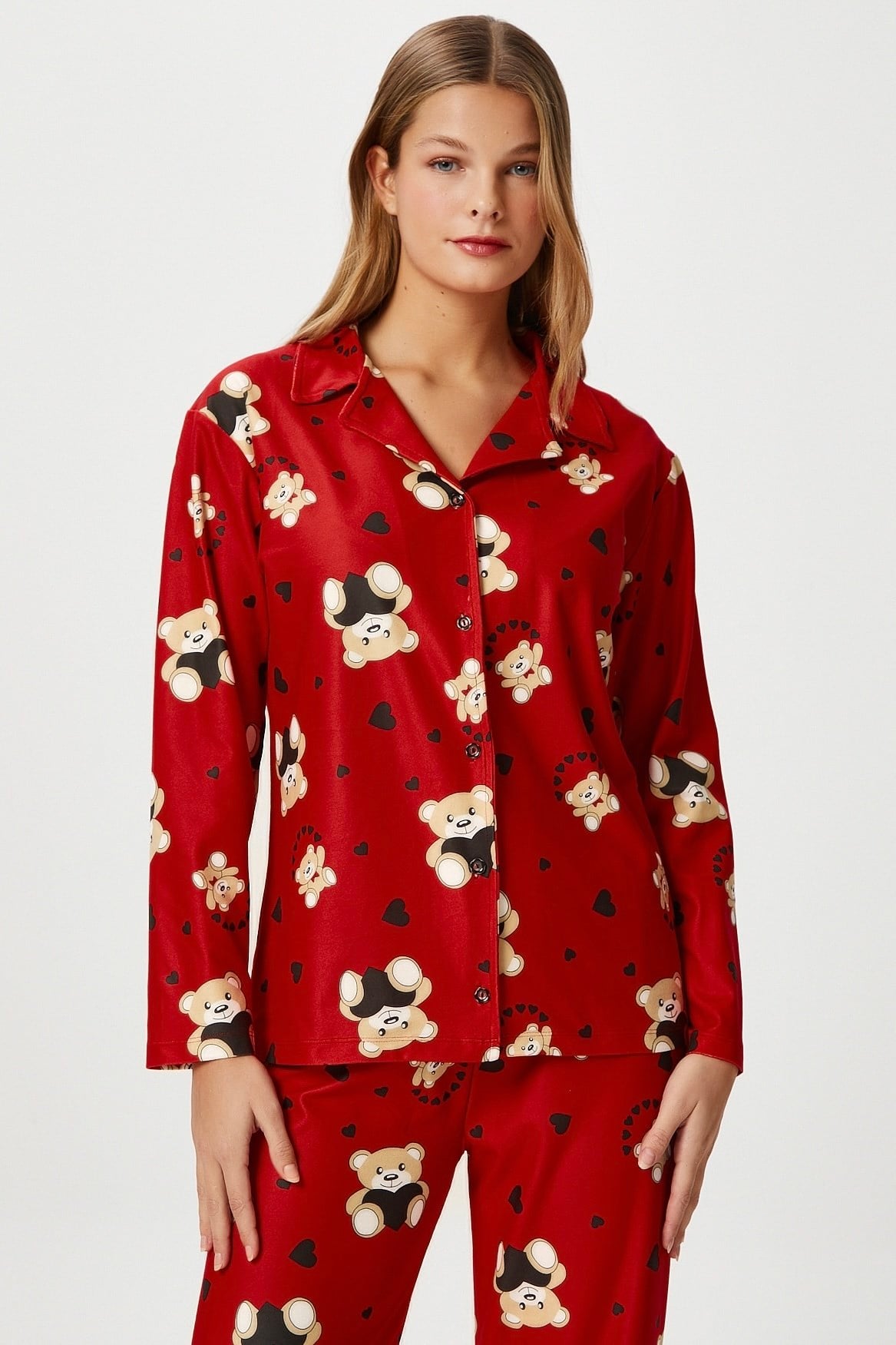 Kadın Nora Premium Kırmızı Ayıcık Süet Doku Düğmeli Yılbaşı Pijama Takımı