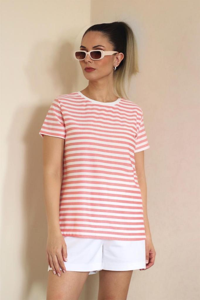 Kadın Pembe Beyaz Çizgili Basic T-Shirt