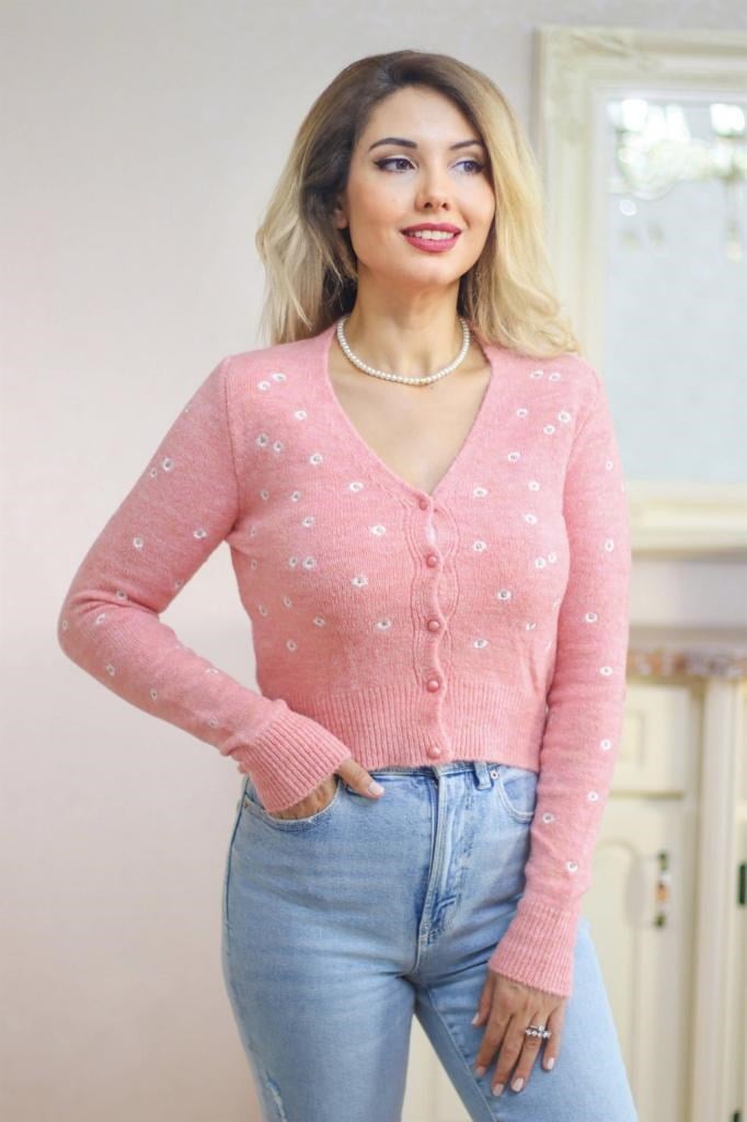 Kadın Pembe Çiçek Nakışlı Crop Triko Hırka