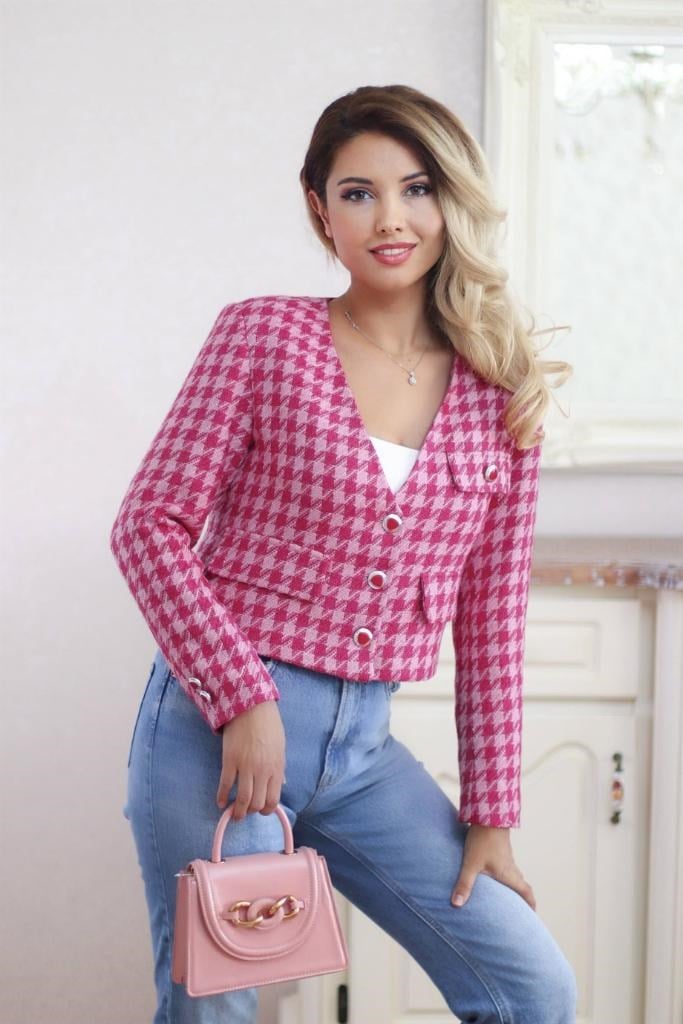 Kadın Pembe Kazayağı Astarlı Dokulu Crop Ceket